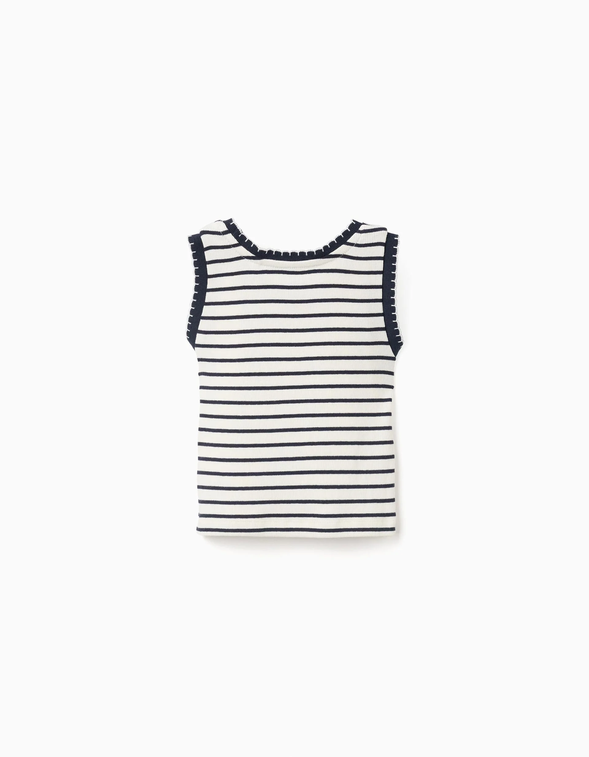 Sleeveless ribbed cotton top with stripes for girls, white/dark blue