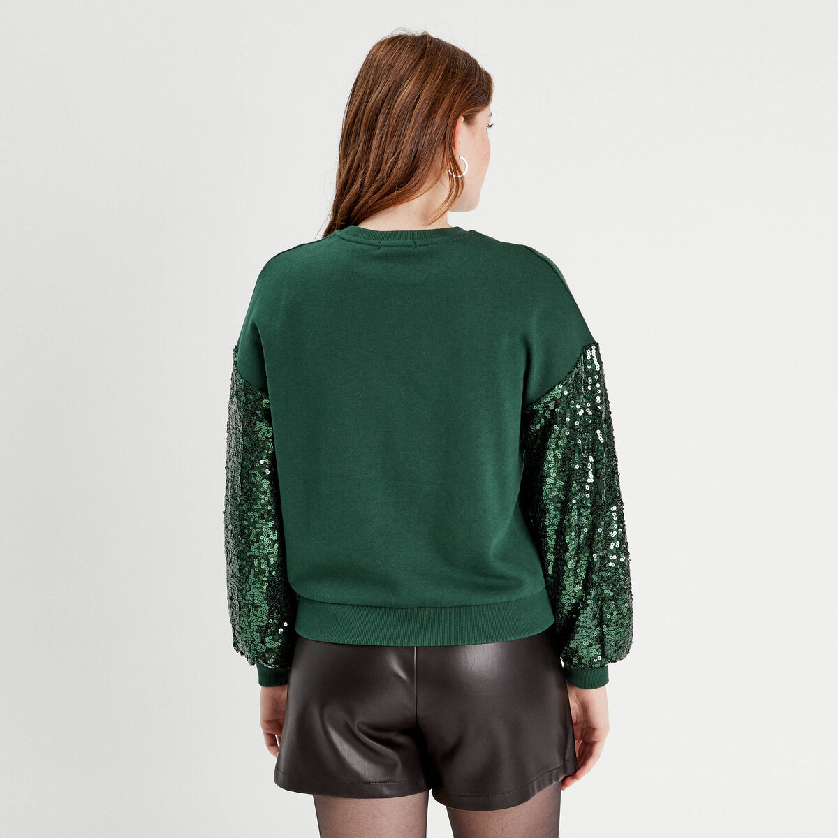 Sweat manches sequins vert foncé femme