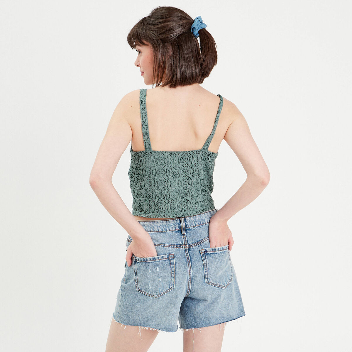 Débardeur cropped dentelle vert foncé femme