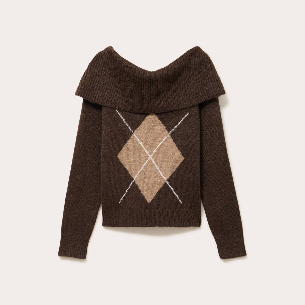 Pull col bardot à motif manches longues marron femme