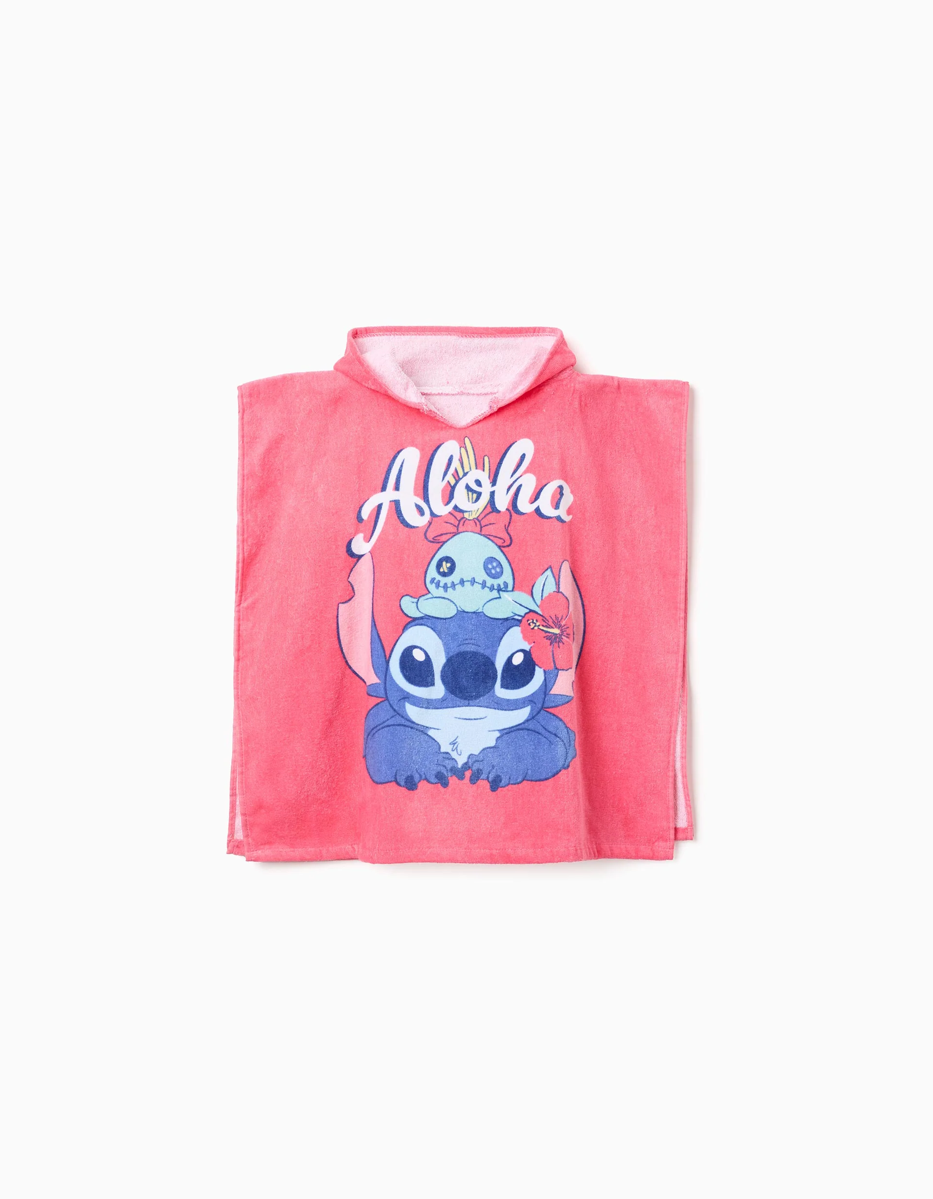 Hooded beach poncho in cotton with Stitch print for girls, pink
