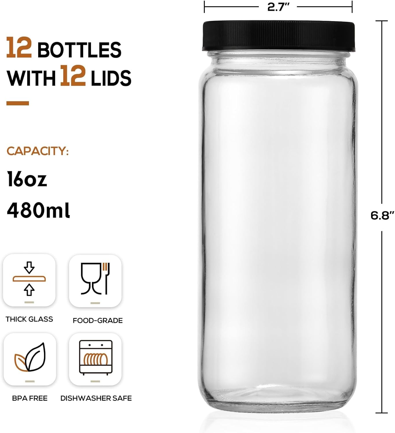 12 PACK  16 OZ Glass Juice Bottles with Airtight Lids  Bonus 2 Straws & Perforated Lids  Reusable Juicer  Juicing Bottle - Clear Drinking Jars Cups  Water Bottles  Travel Juice Container  Black Caps