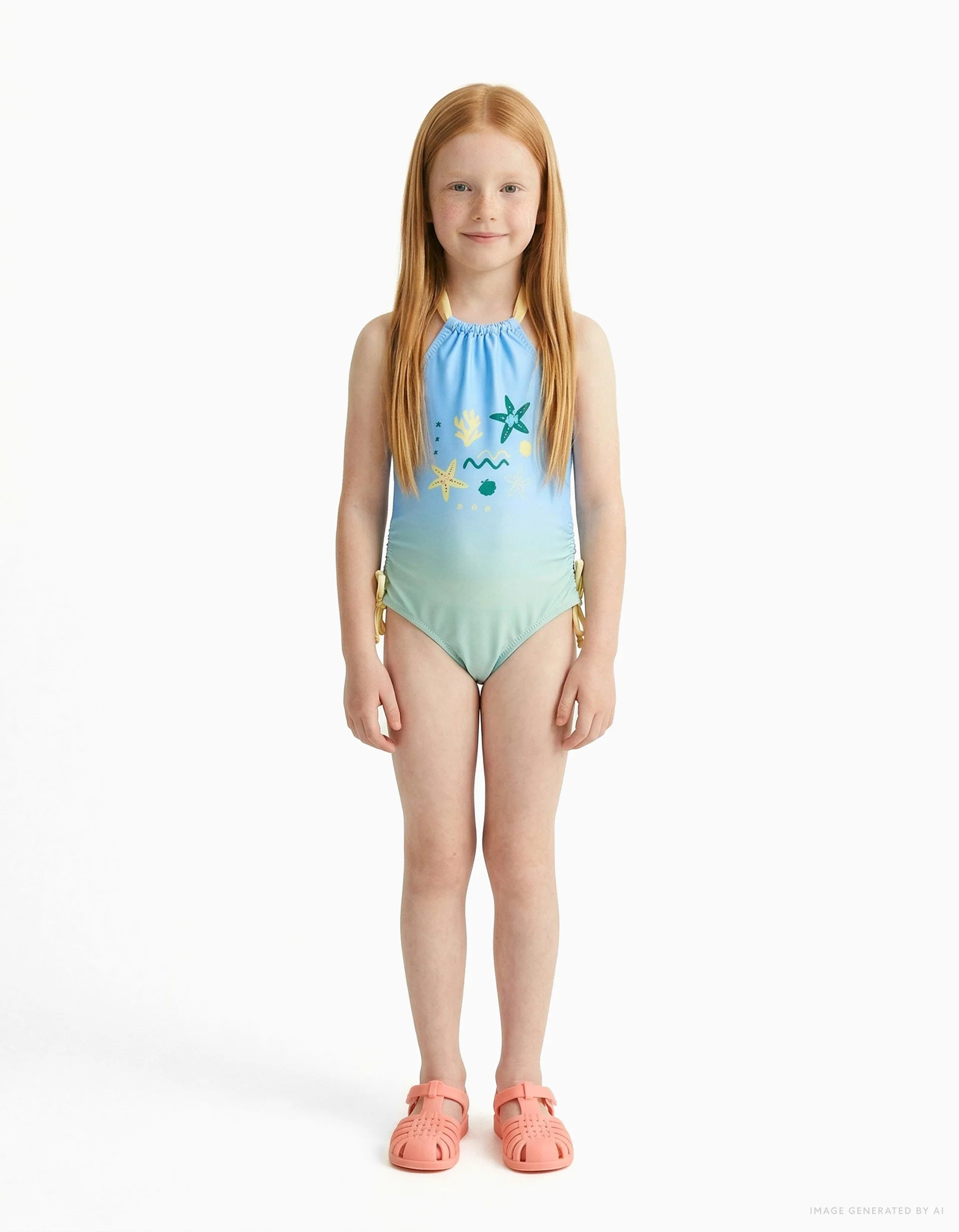Swimsuit with marine print and sequins for girls, blue/green/yellow
