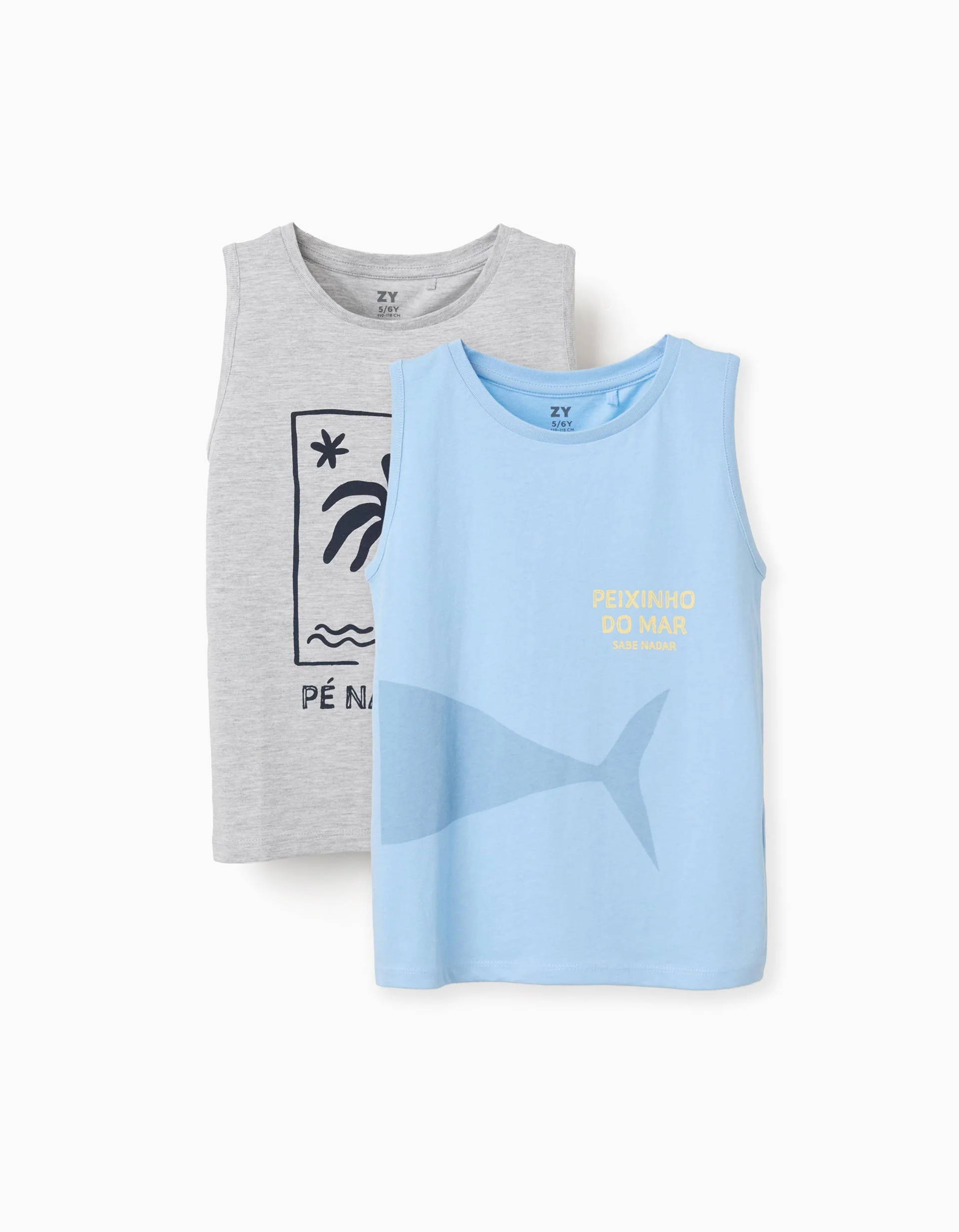 Pack of 2 cotton tank tops with beach prints for boys, grey/blue