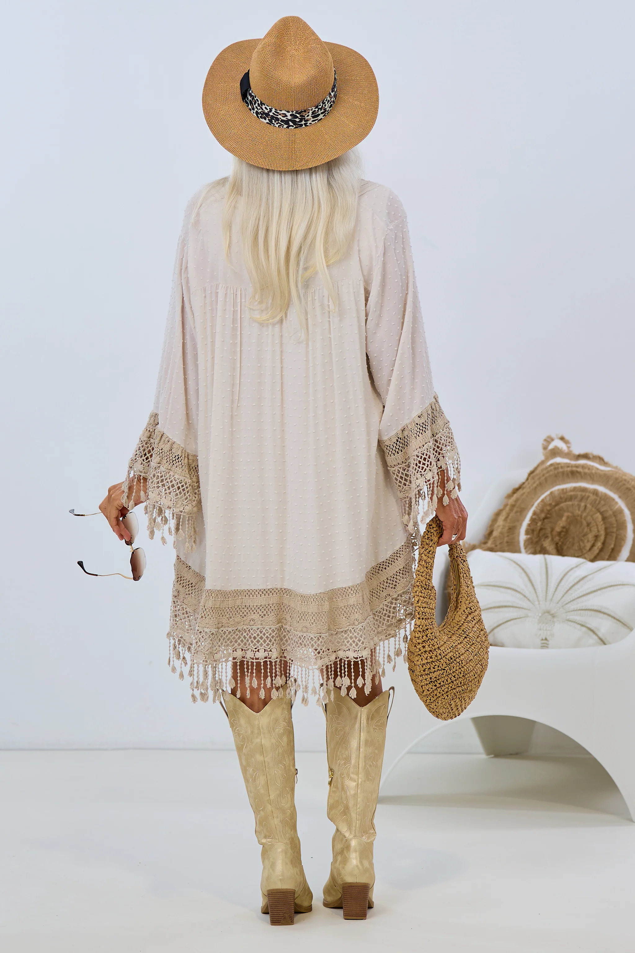 Tunika/Kleid mit Fransen und Stickerei, beige