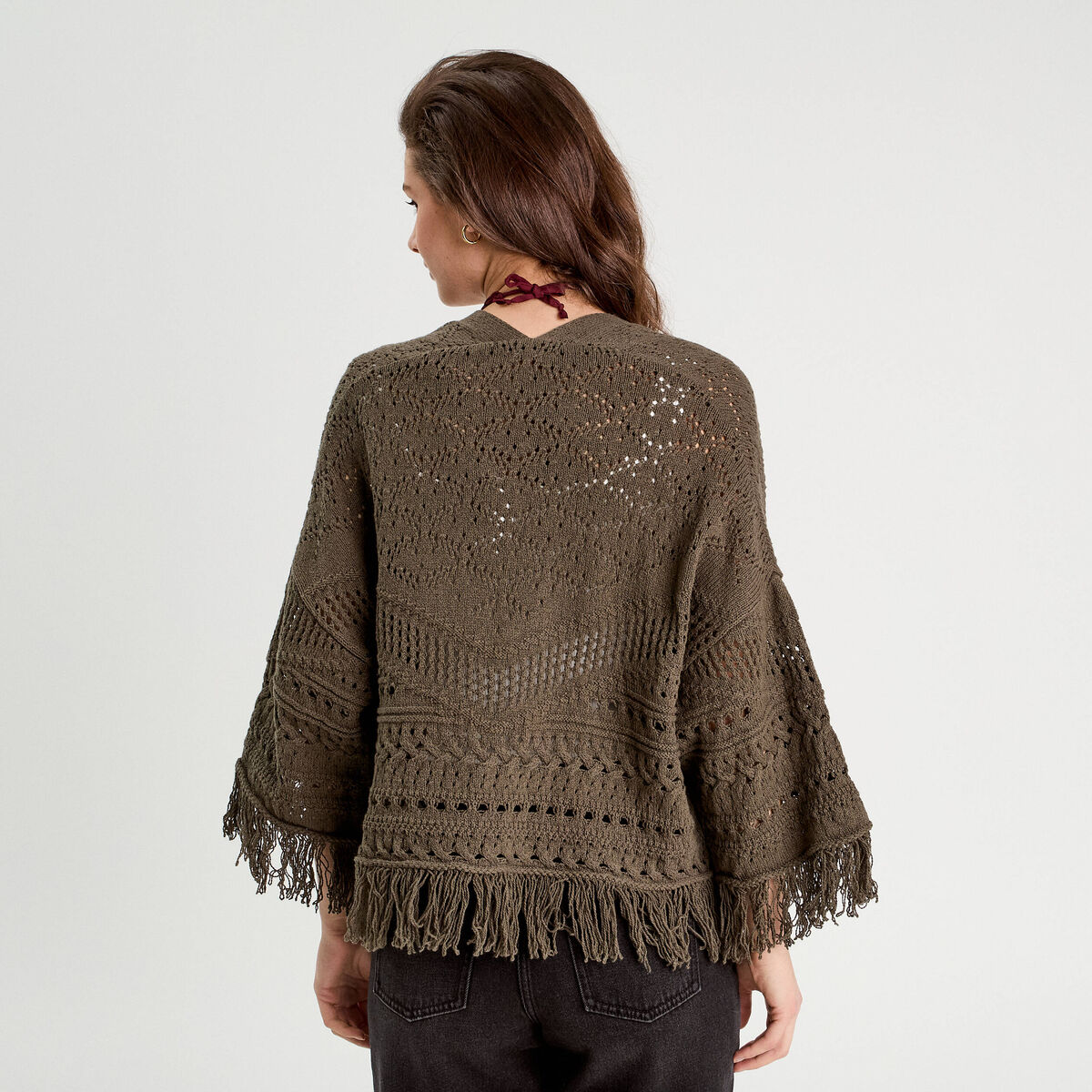 Gilet ajouré avec franges vert kaki femme