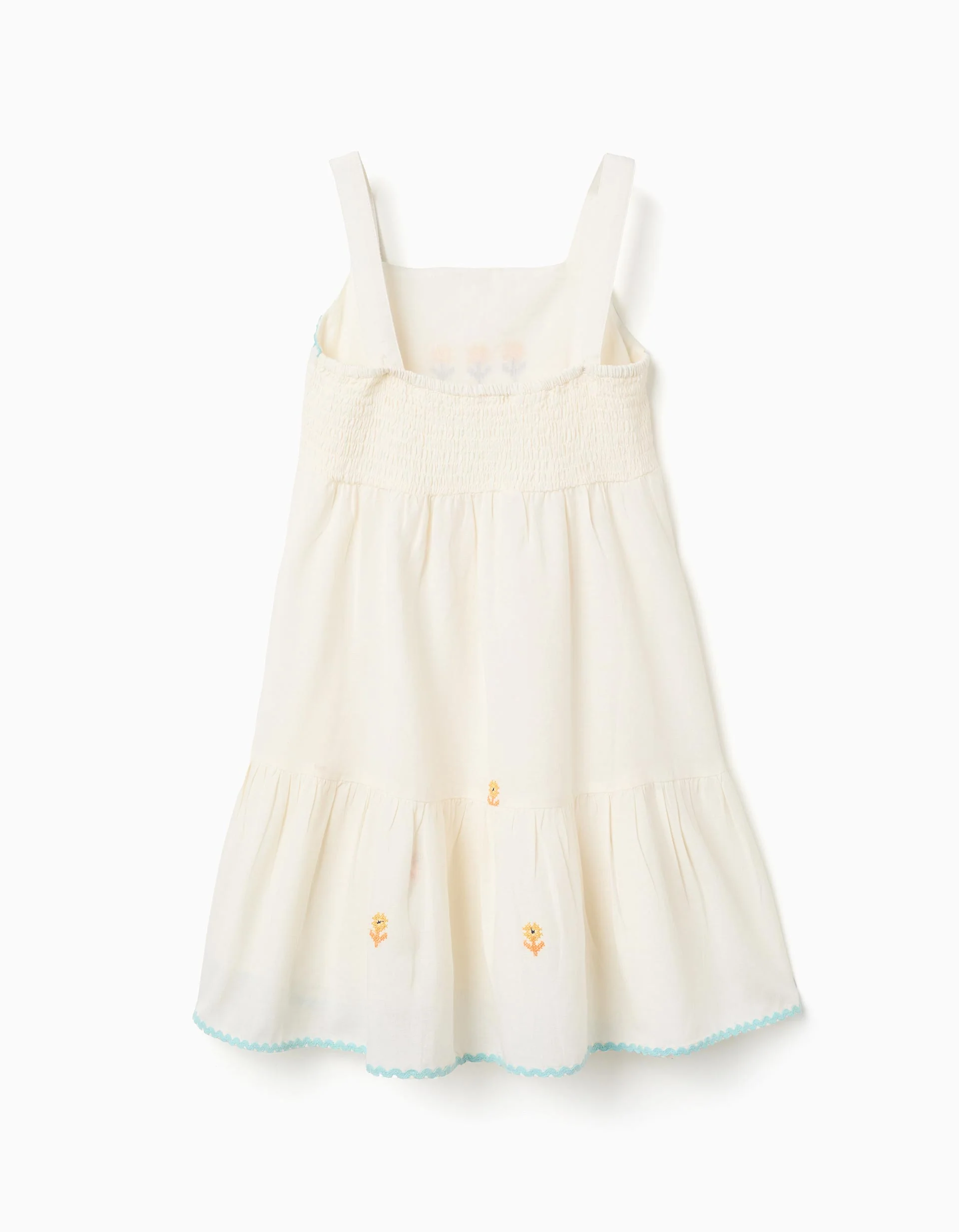 Cotton and linen dress with embroidered flowers for girls, light beige