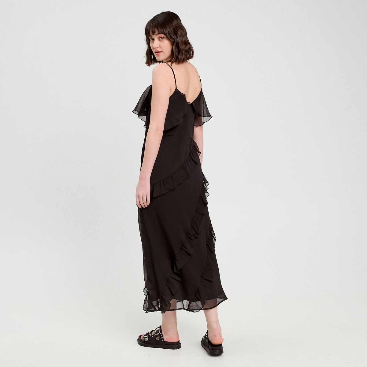 Robe longue droite volants noir femme