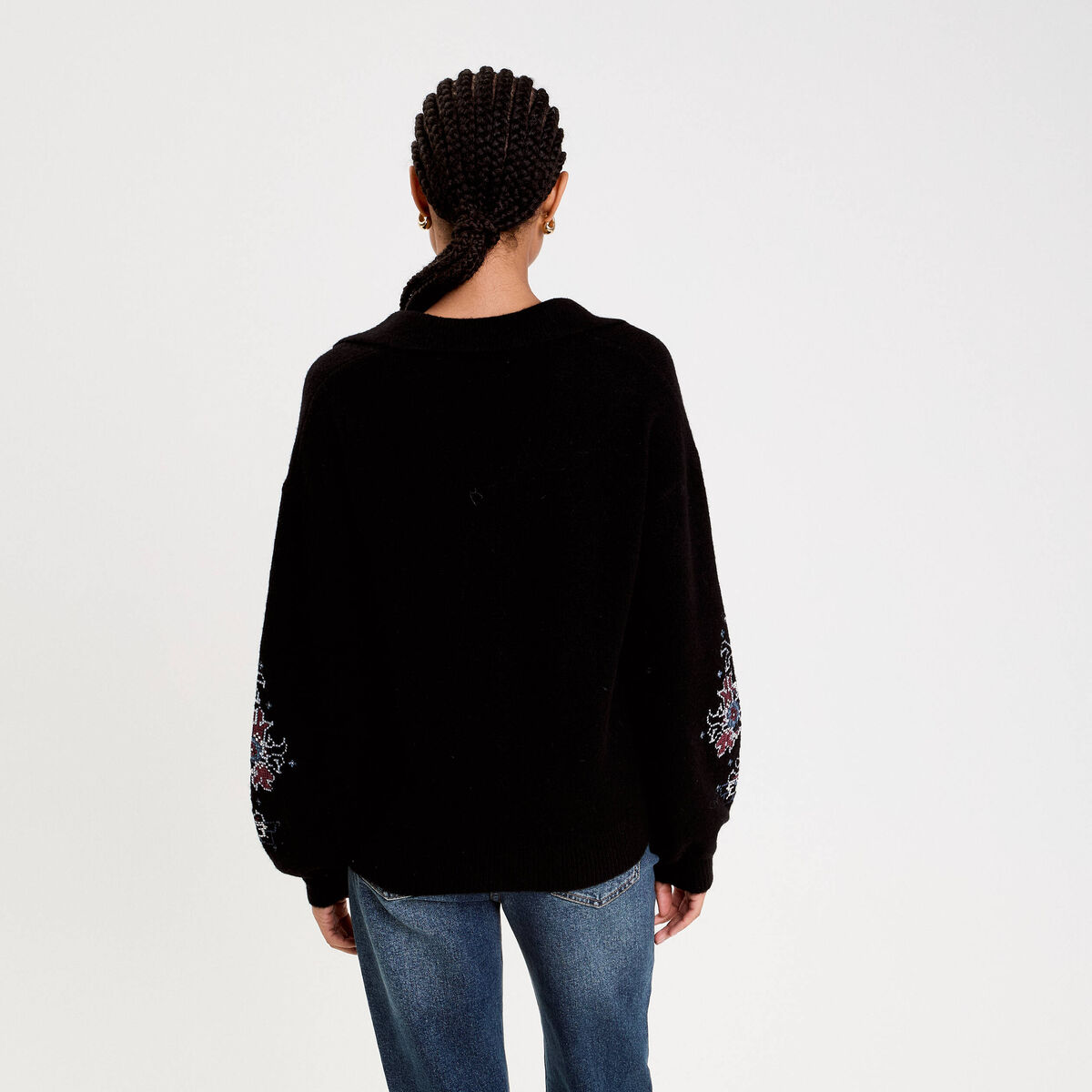 Pull brodé manches longues noir femme