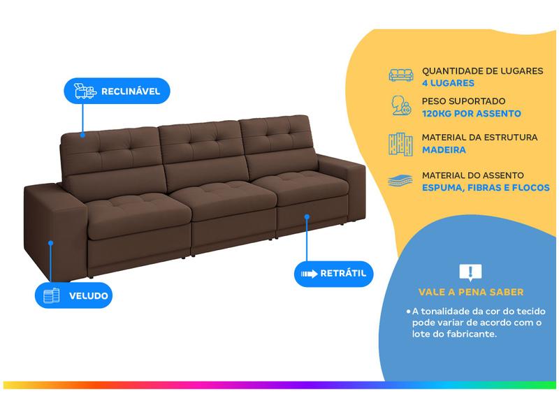 Sofá Retrátil Reclinável 4 Lugares Veludo Roma Besthouse