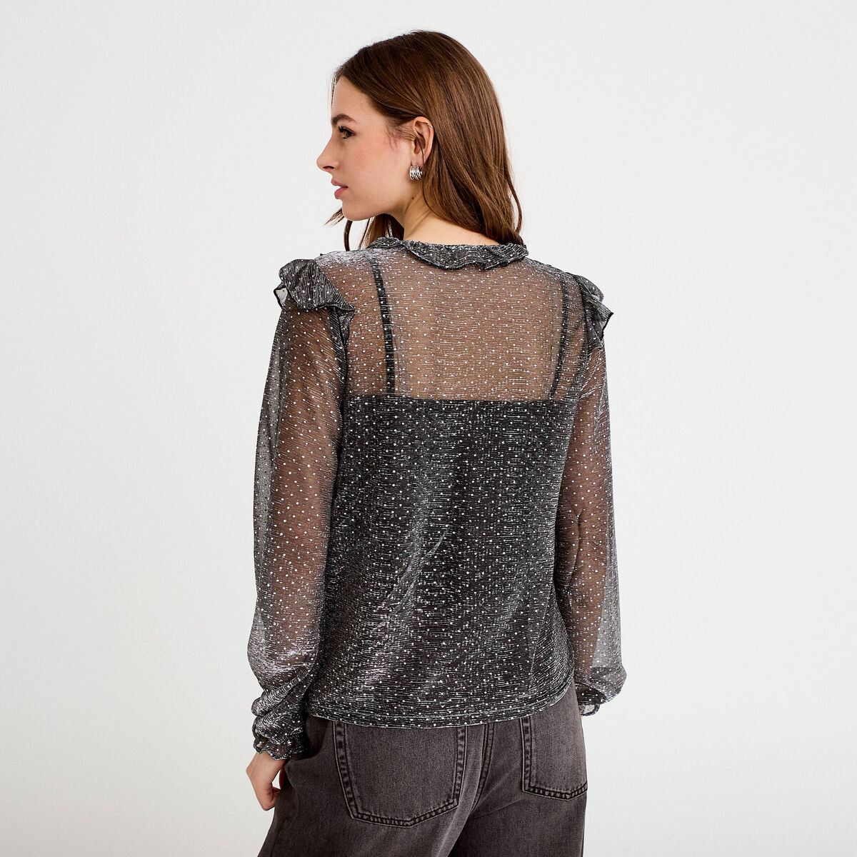 Blouse voile transparent pailleté gris argent femme
