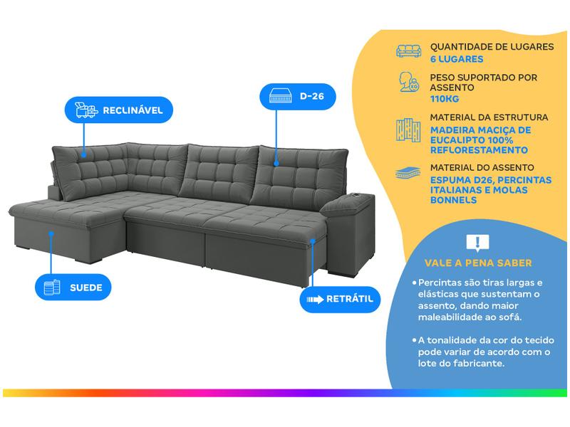 Sofá de Canto 6 Lugares Retrátil Reclinável Suede Veludo Dallas Flexforma Estofados