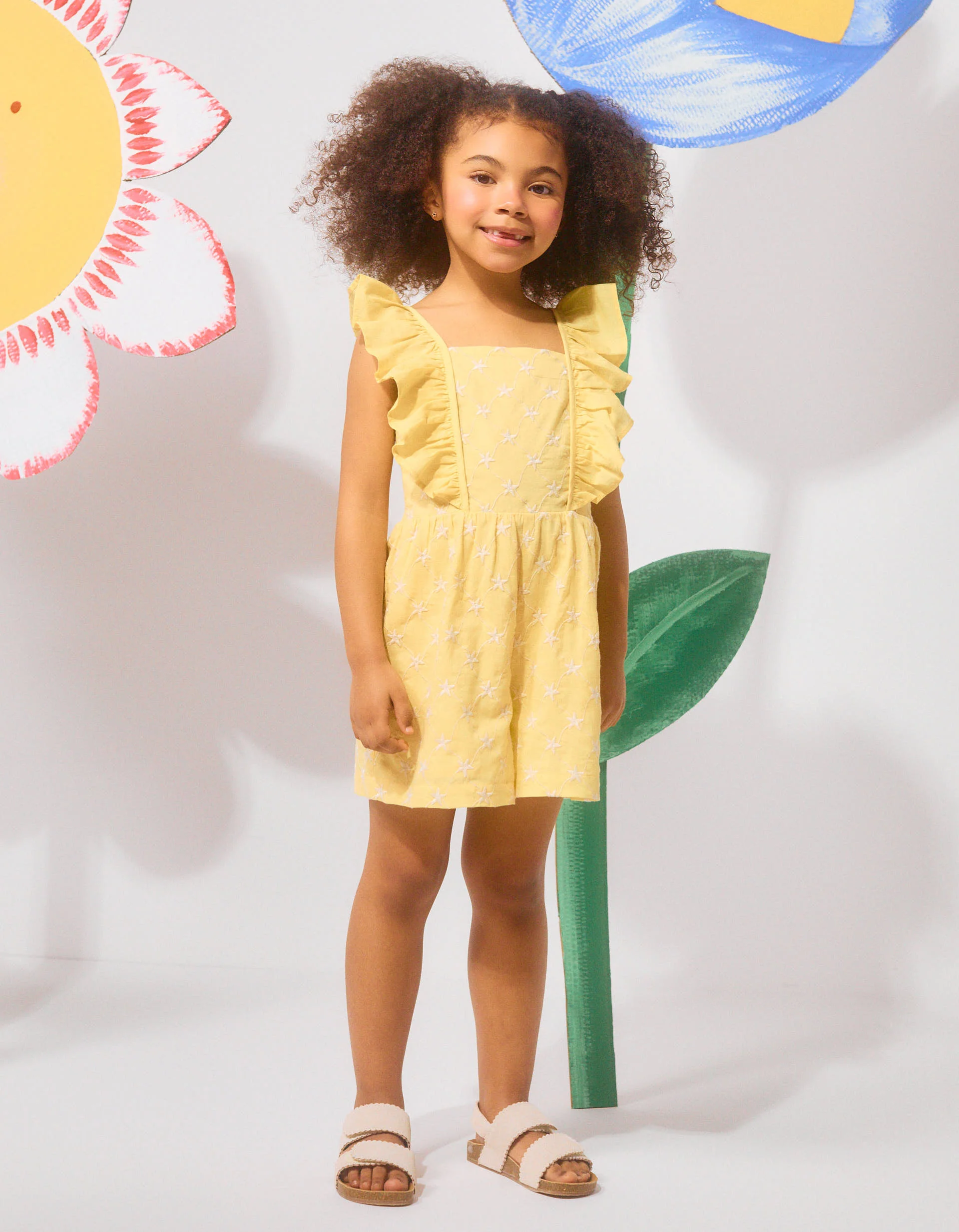 Cotton playsuit with embroidery and ruffles B&S for girls, yellow