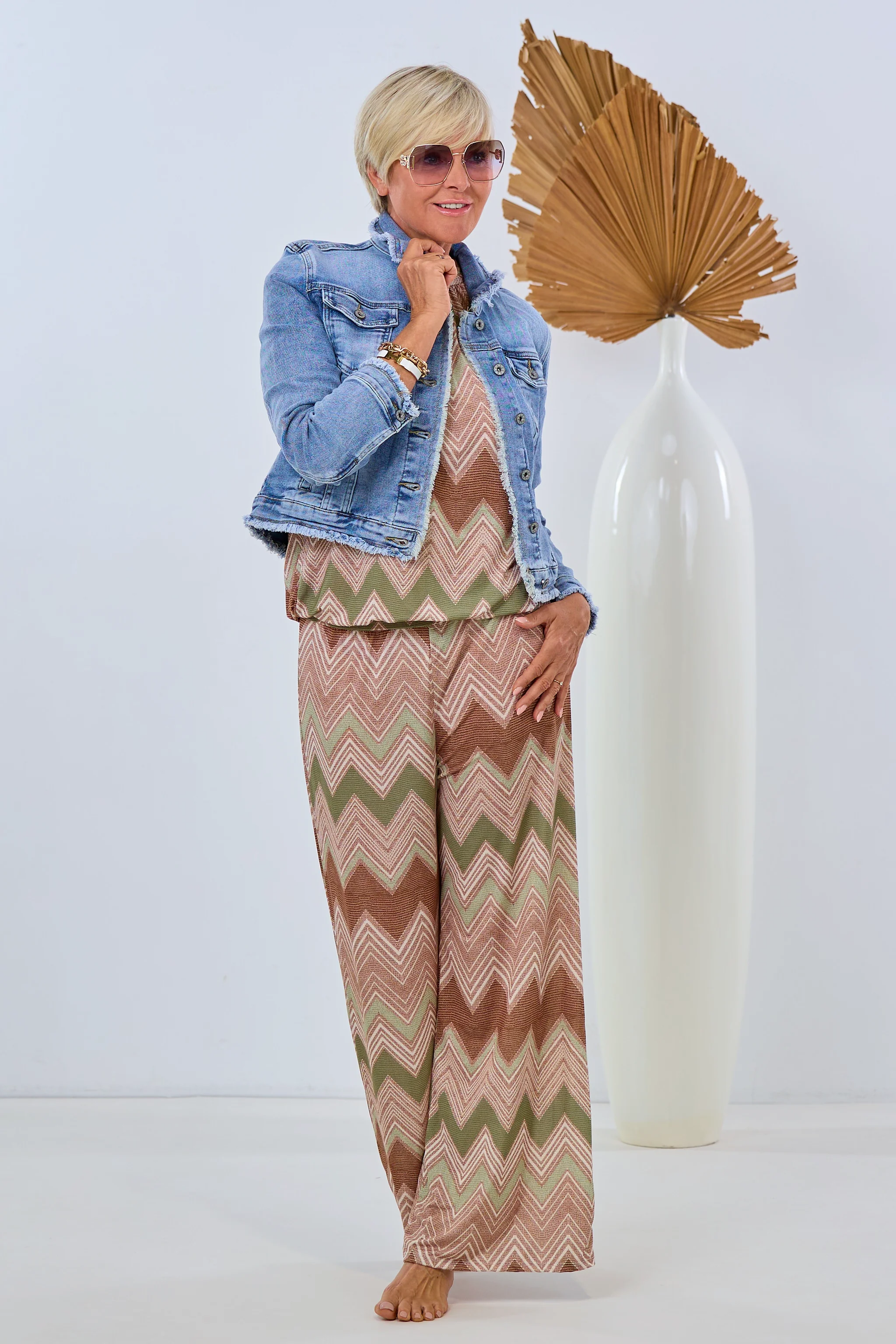 weich fallende Hose mit ZickZack Muster, khaki-beige