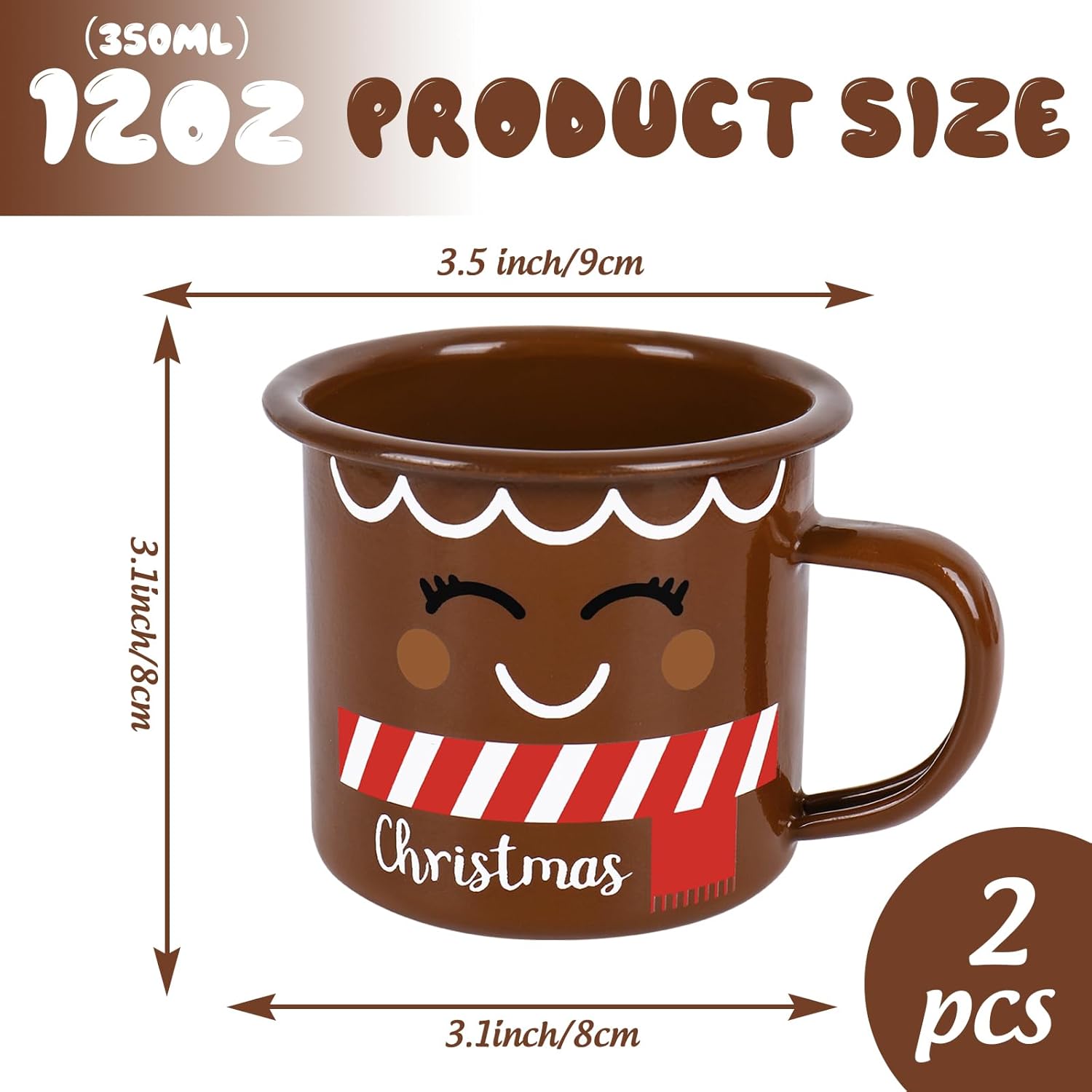 2 Pcs Christmas Mini Coffee Mugs 12 Oz Gingerbread Man Smile Enamel Cups with Handle Cartoon Drinking Mugs for Merry Xmas Holiday Party