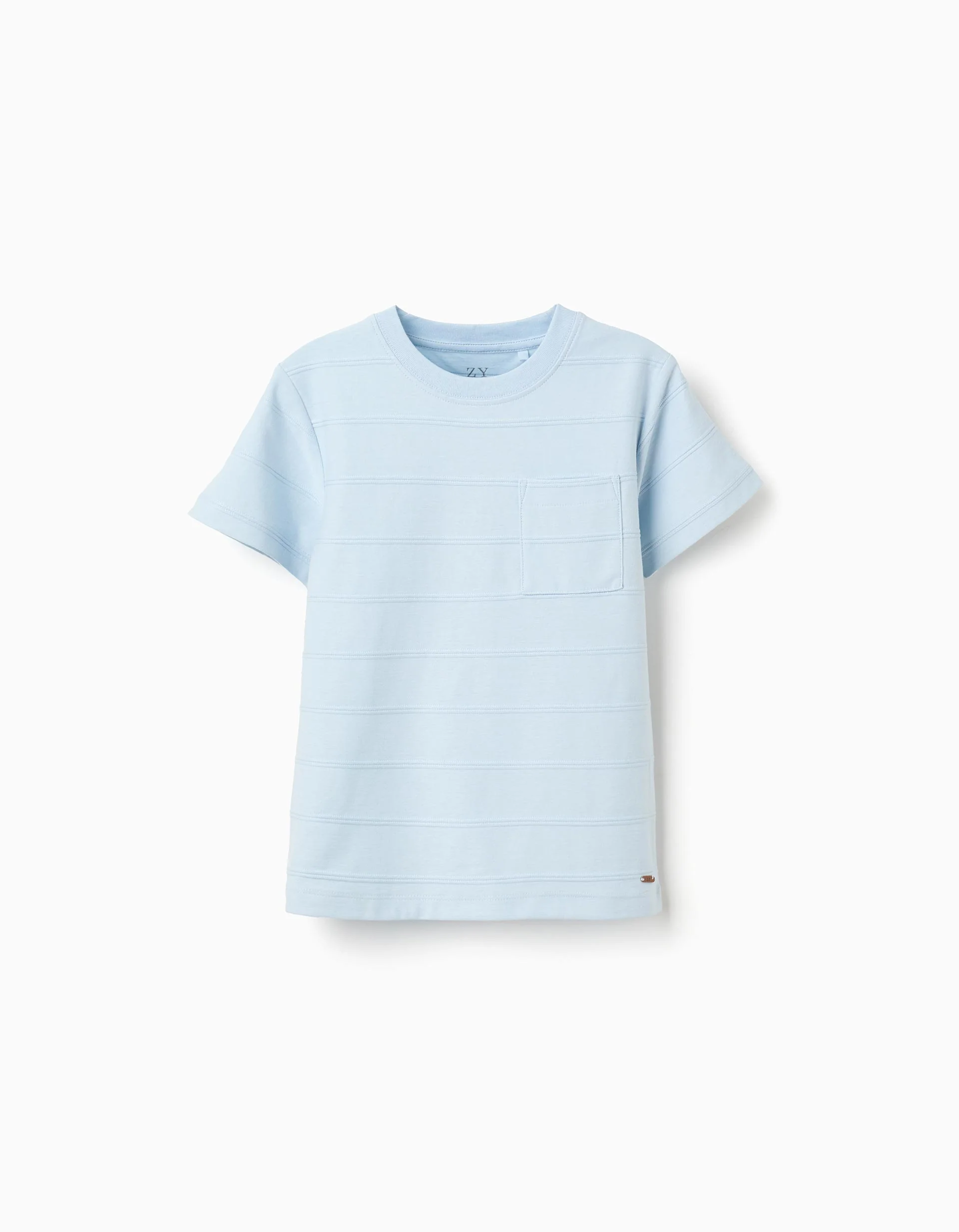Cotton T-shirt with embossed lines and pocket for boys, light blue