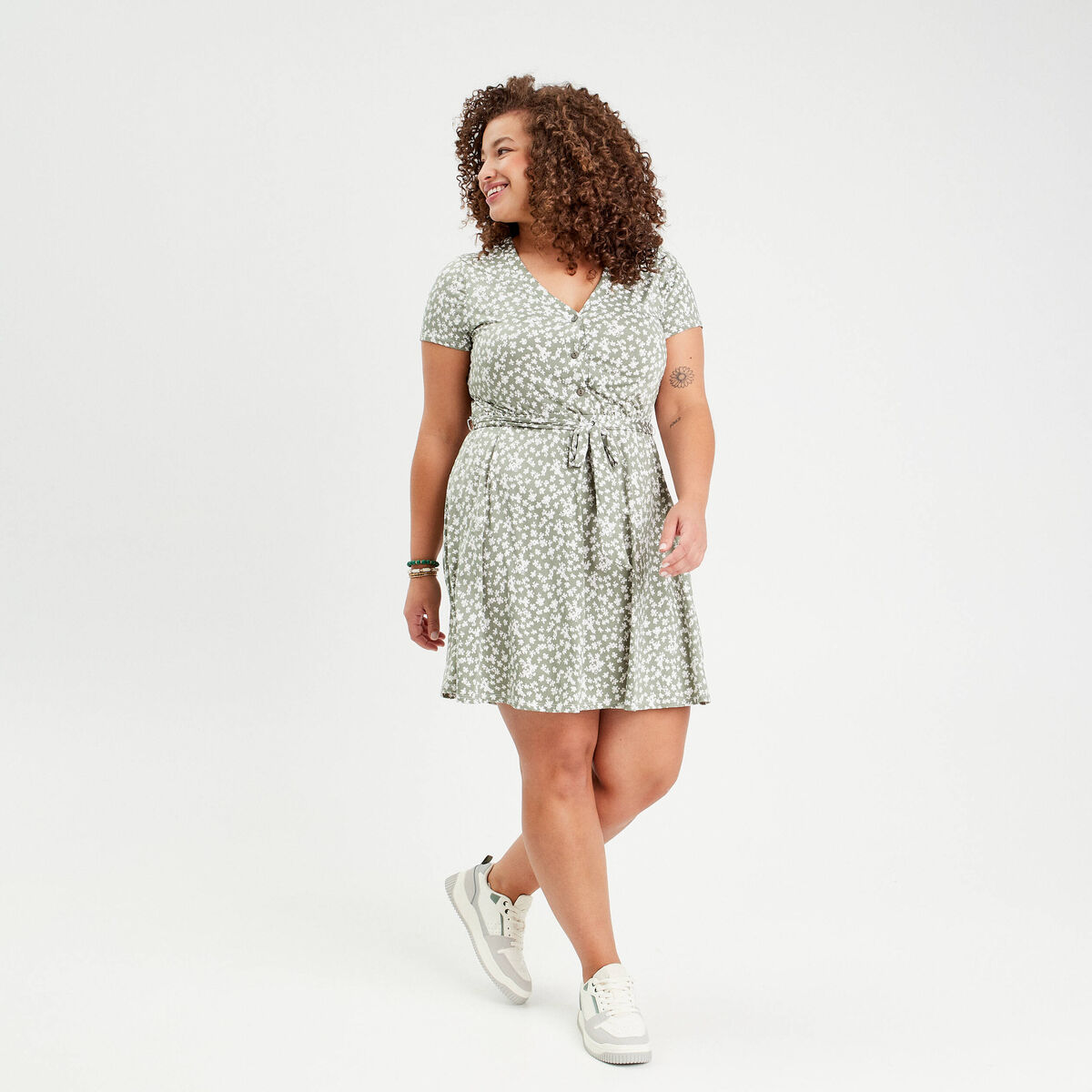 Robe patineuse ceinturée vert femme