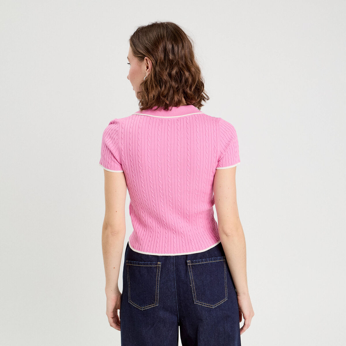 Top col polo manches courtes rose femme