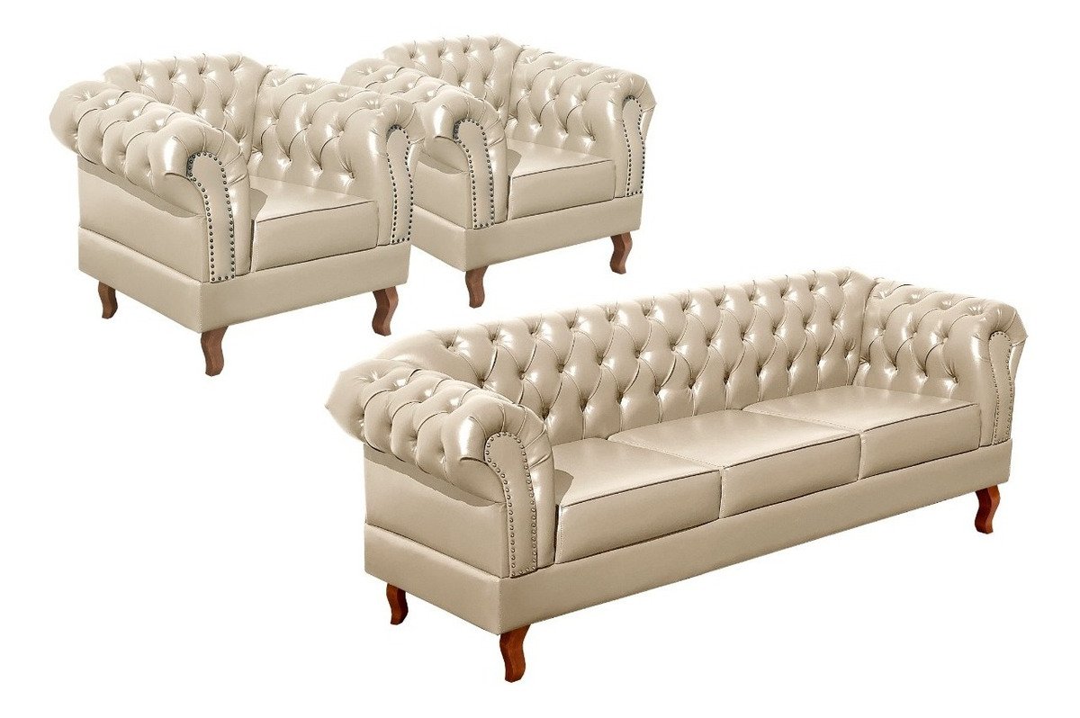 Conjunto Sofá Chesterfield 3 Lugares + 2 Poltronas Dom Pedro - Couríssimo Bege