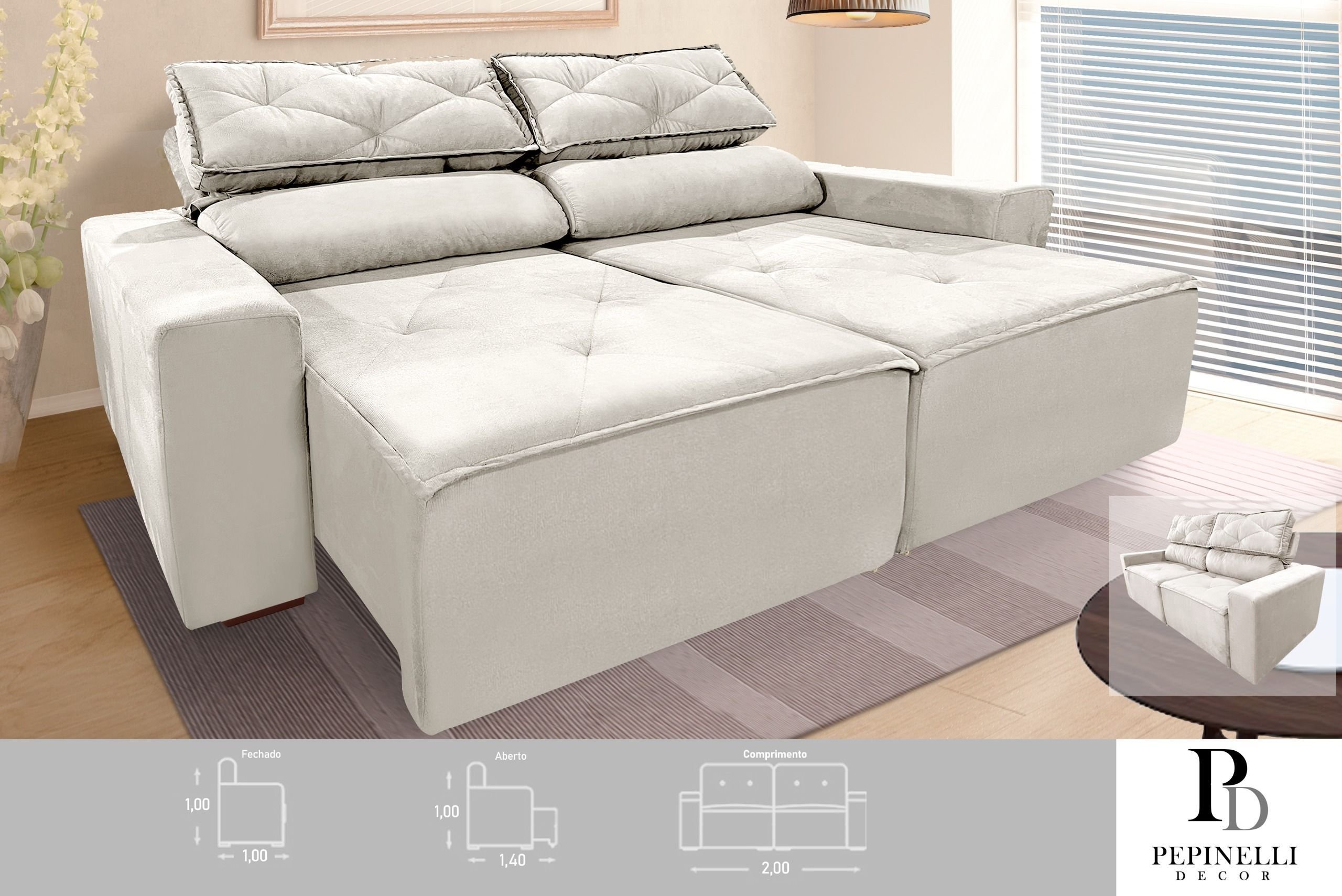 Sofá Retrátil e Reclinável 2,00m Bege com Molas – Conforto e Estilo para Sua Sala