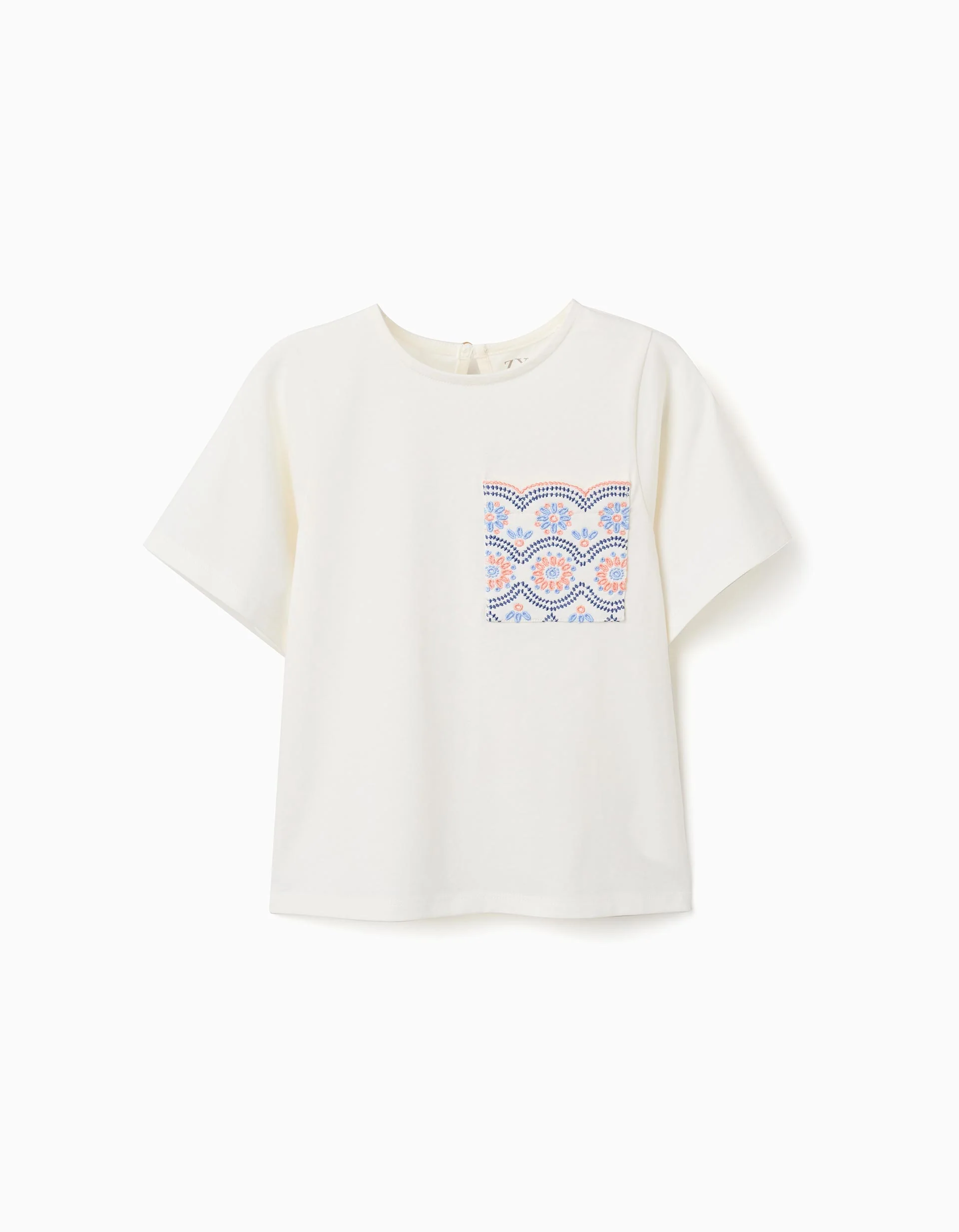 Cotton T-shirt with embroidered pocket for girls, white