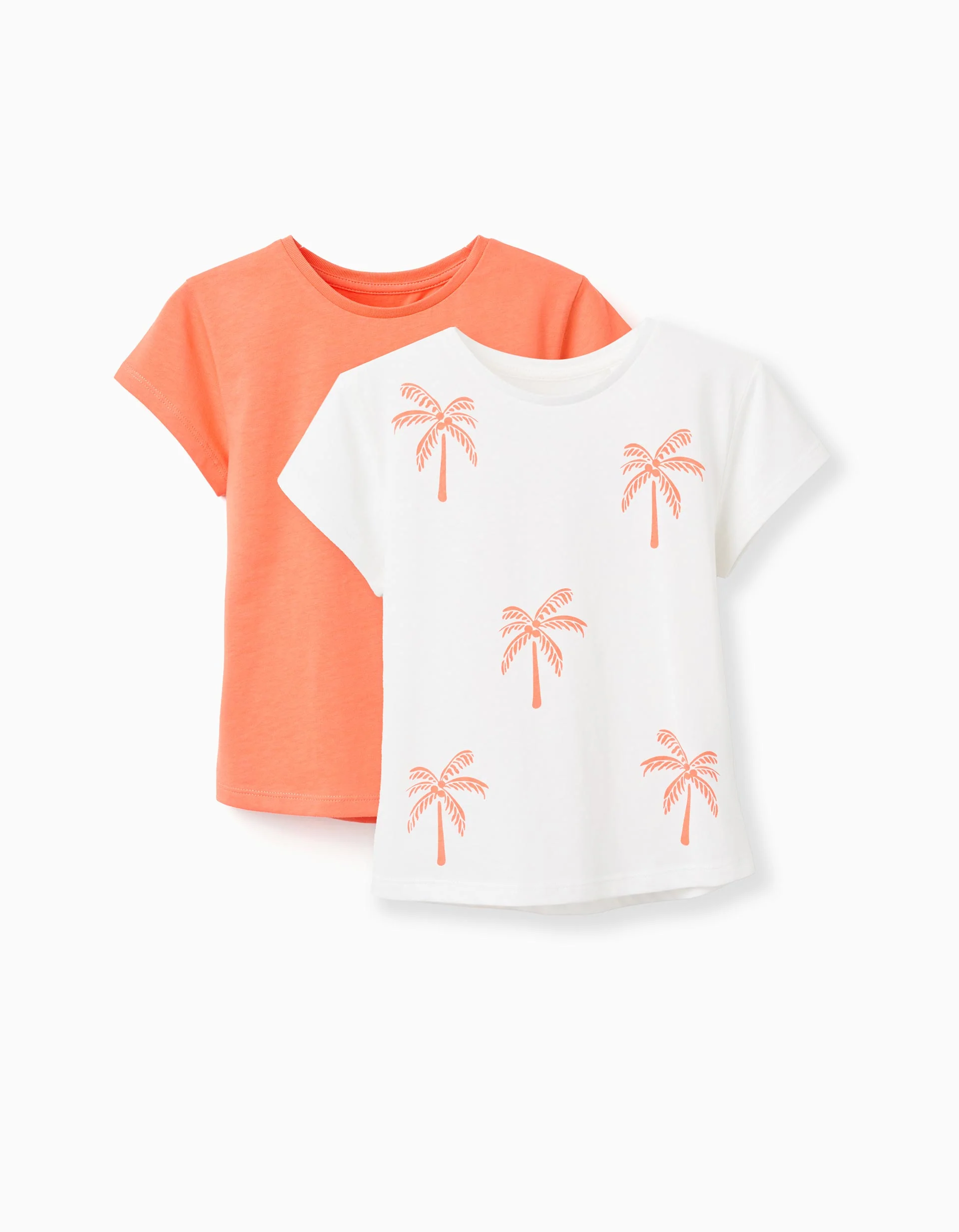 Pack of 2 cotton T-shirts with palm tree prints for girls, white/orange