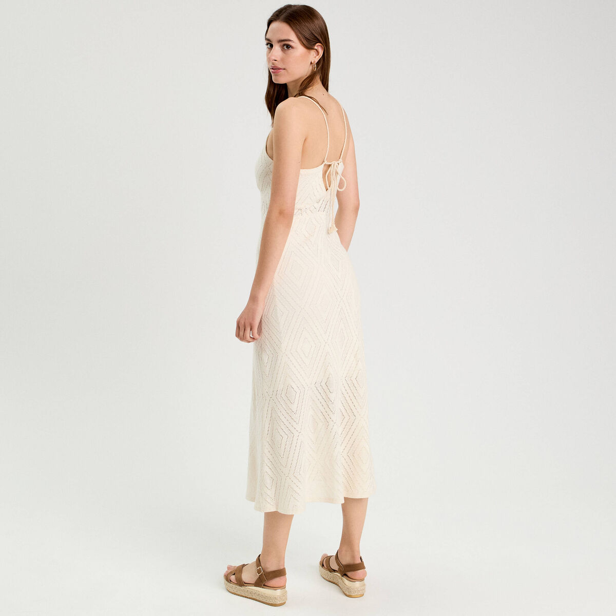 Robe longue évasée ajourée ecru femme