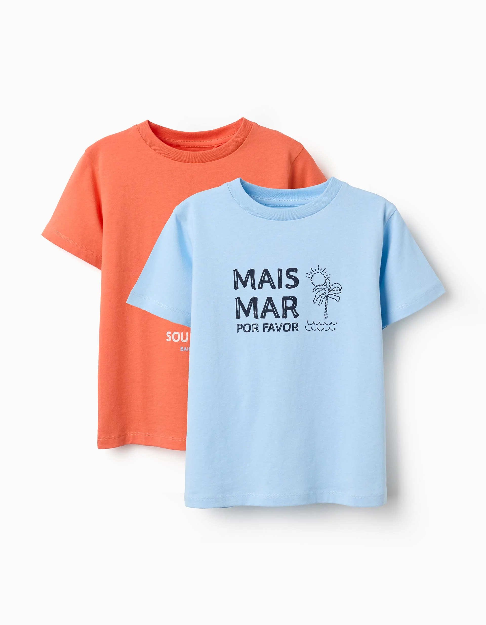 Pack of 2 cotton T-shirts with beach prints for boys, light blue/orange