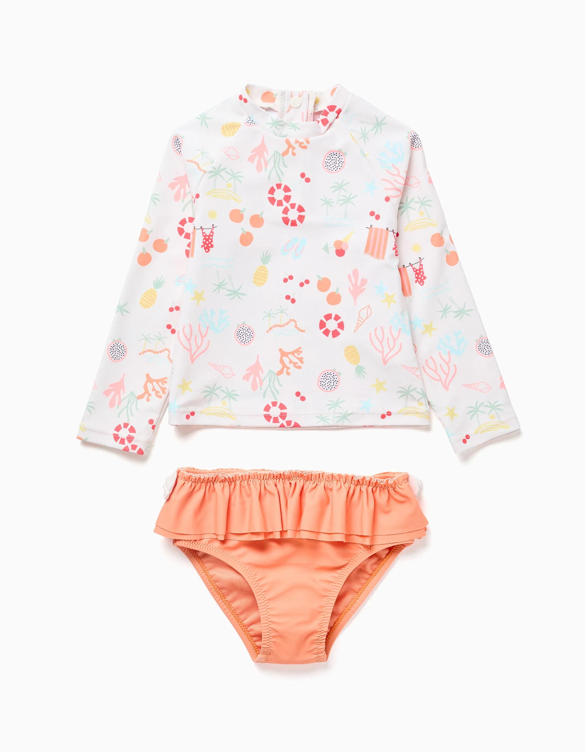 Swim set with UV 40+ protection and motif for babies and girls, white/orange