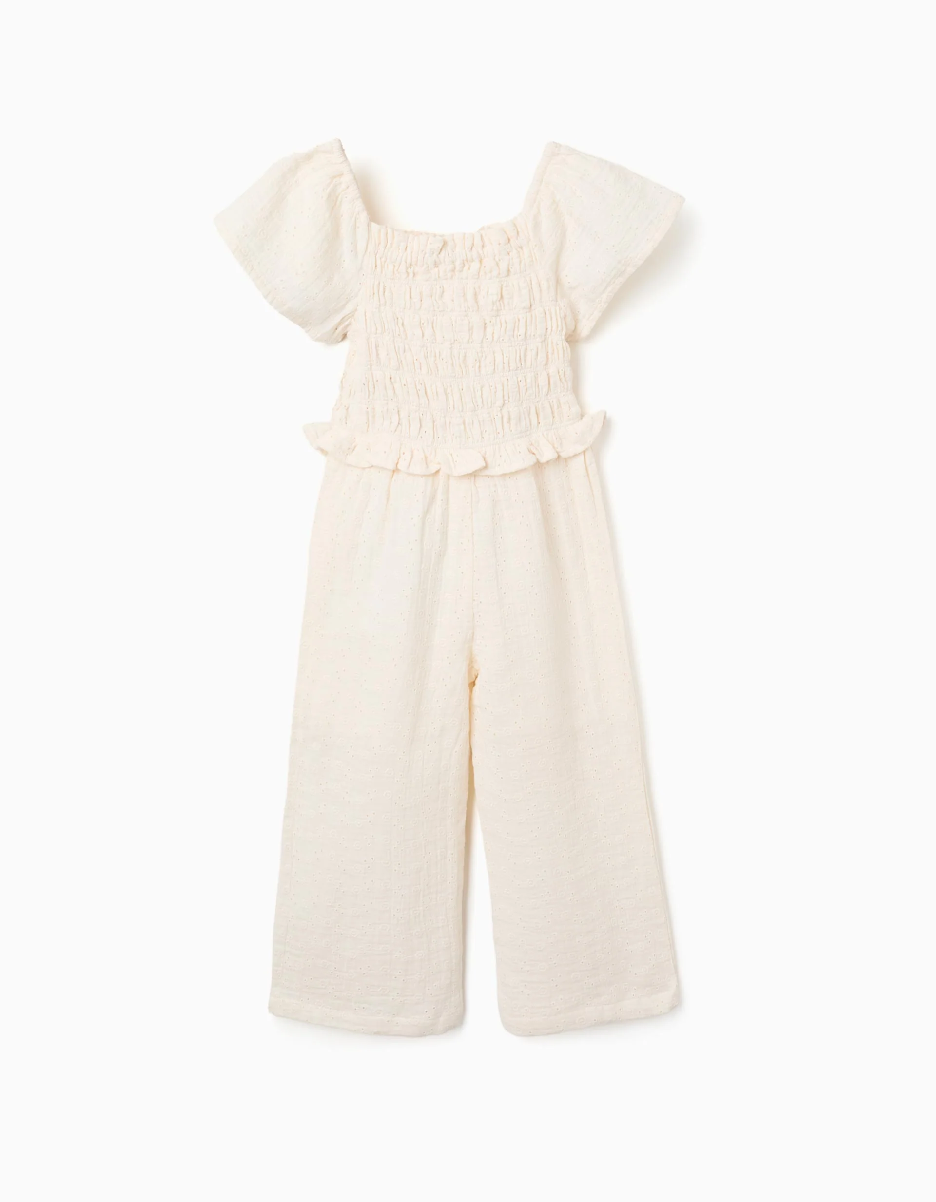 Wide leg cotton jumpsuit in broderie anglaise for girls, light beige