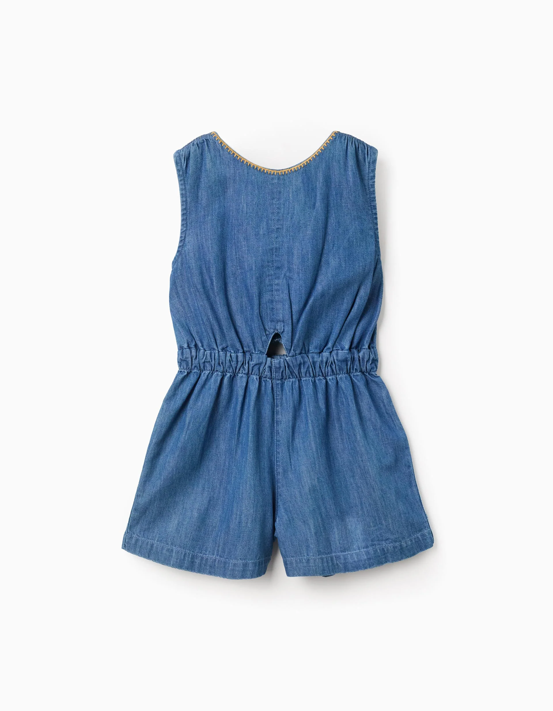 Denim playsuit with elasticated waistband and cut-out for girls, blue
