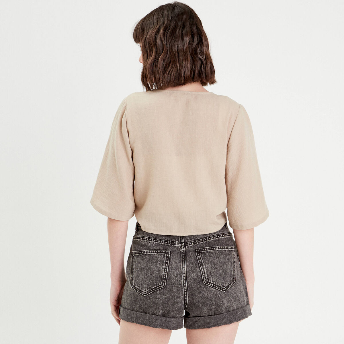 Blouse manches 3/4 nouée beige femme