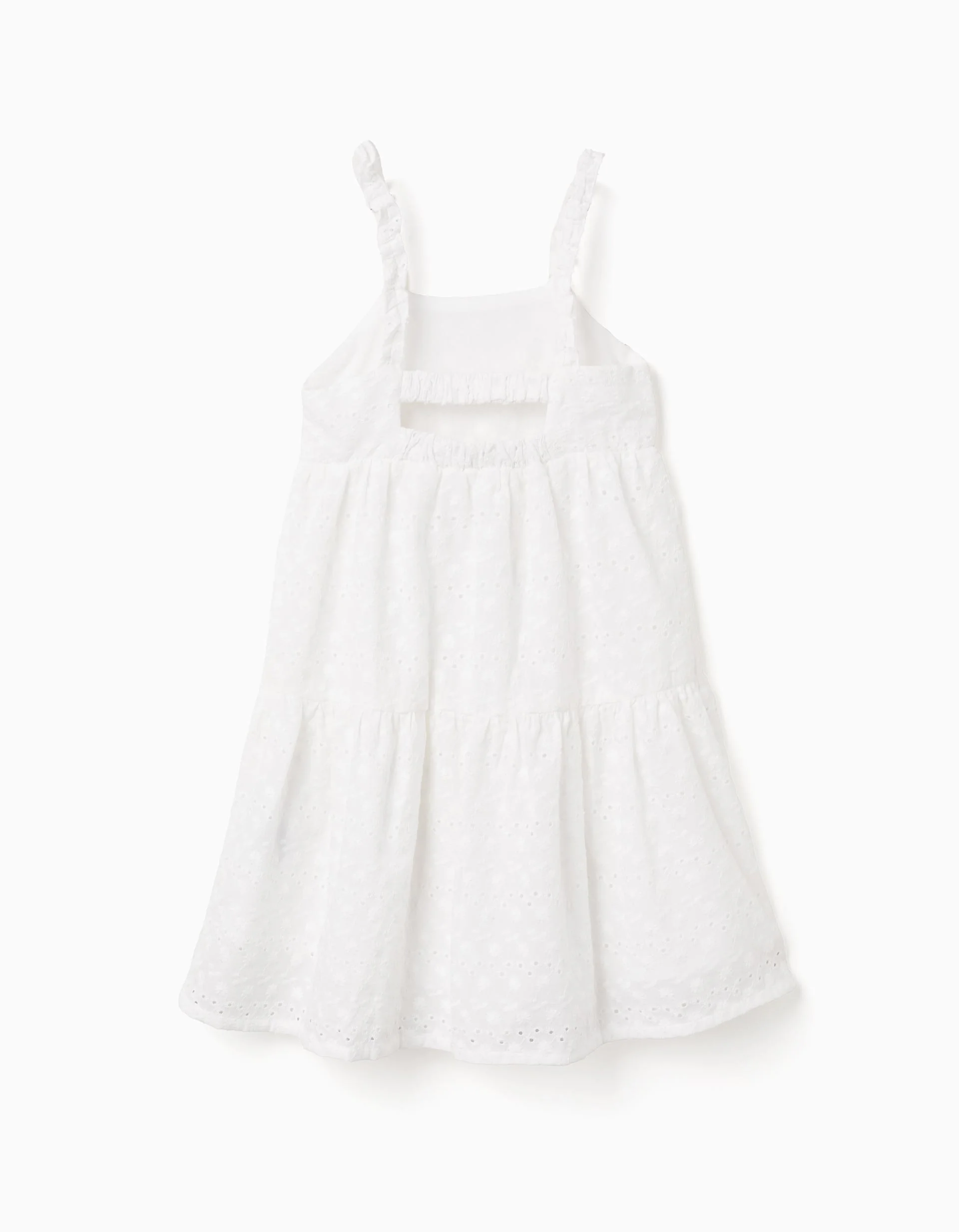 Strappy cotton dress with broderie anglaise for girls, white