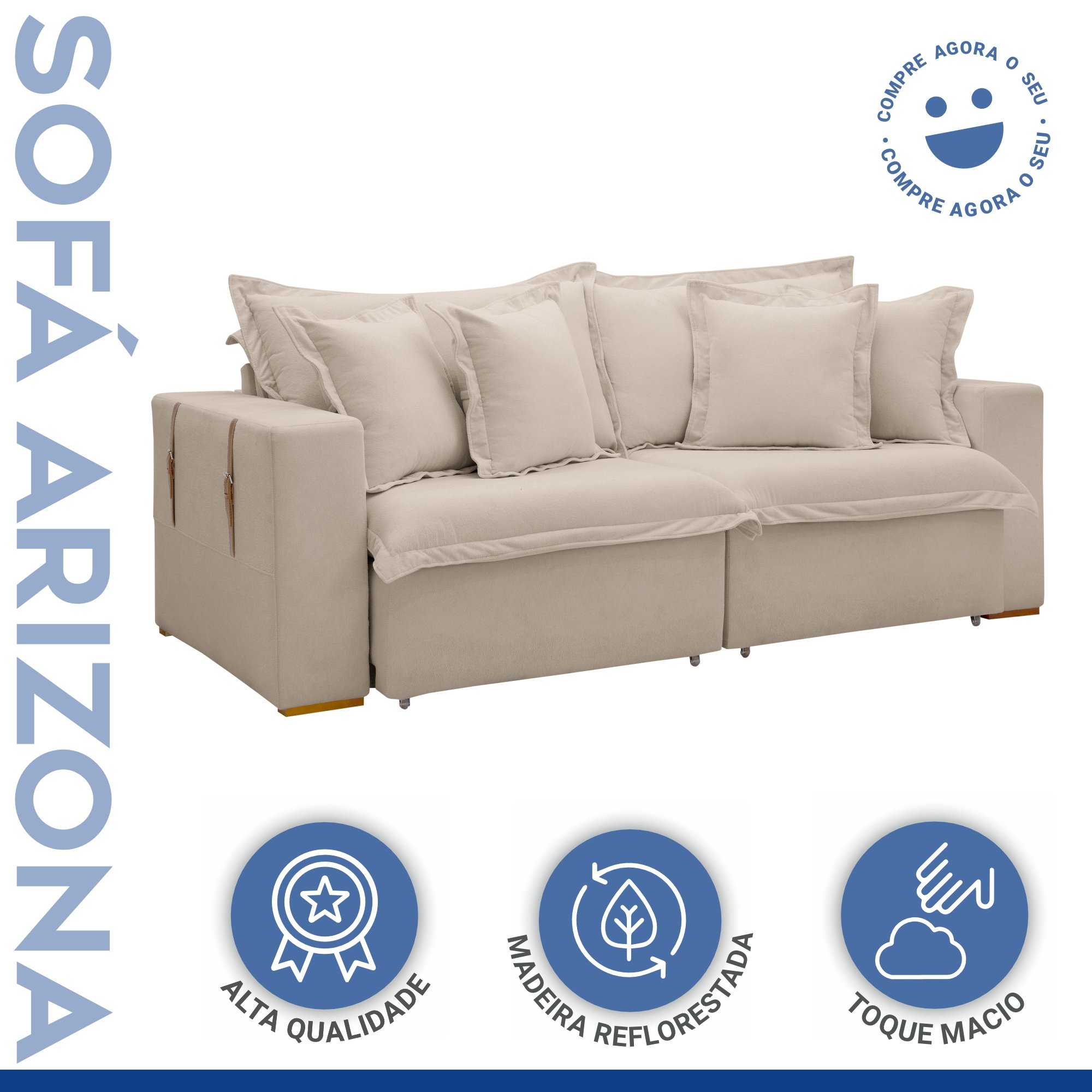 Sofá Cama Retrátil e Reclinável 240cm Arizona Com Almofadas