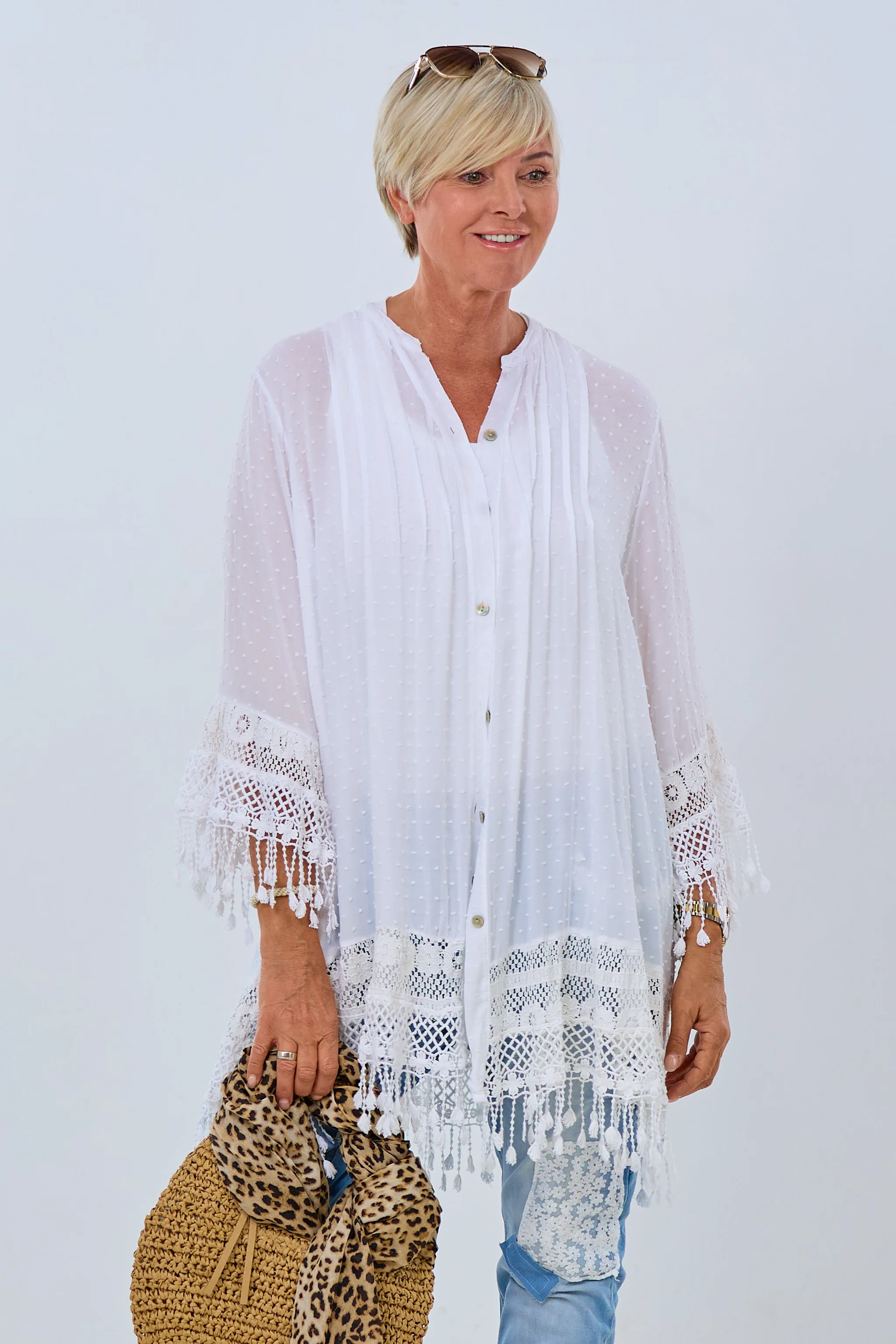 Tunika/ Kleid mit Fransen und Stickerei, weiß