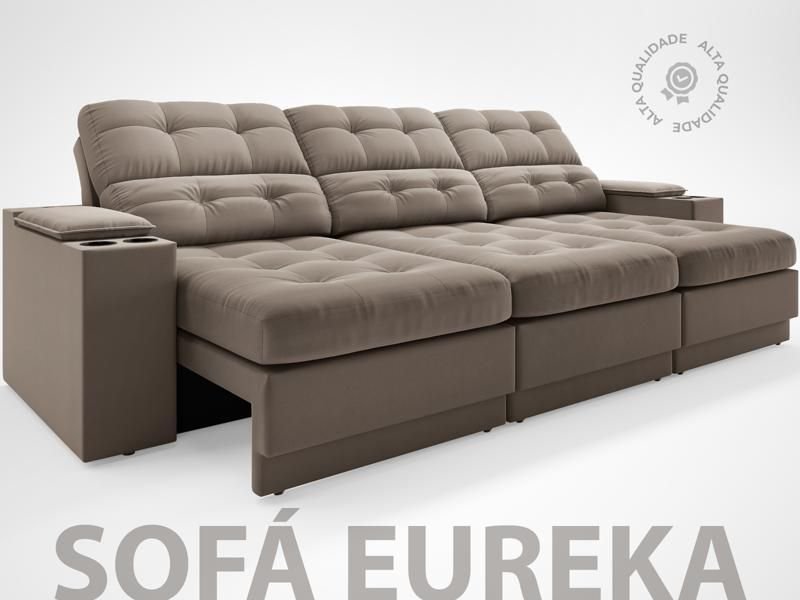 Sofá com Porta Copos e Carregador Usb Eureka 2,30m Assento Retrátil e Reclinável Velosuede