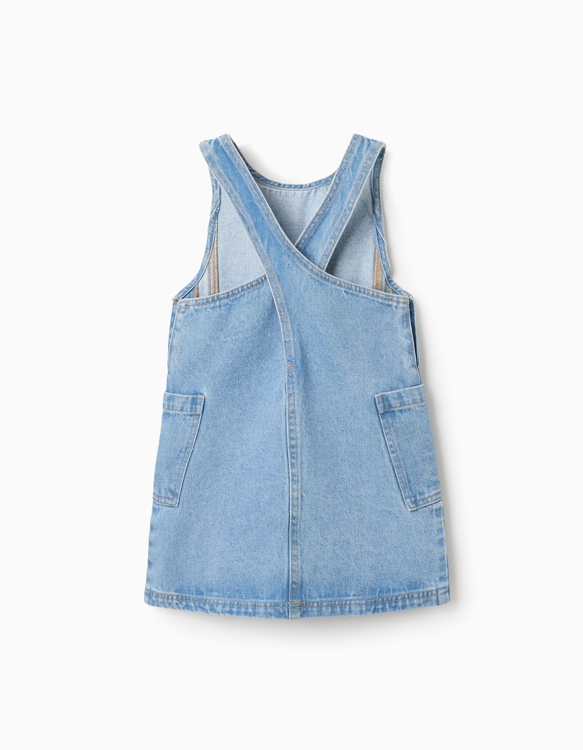 Denim pinafore dress with pockets for girls, light blue