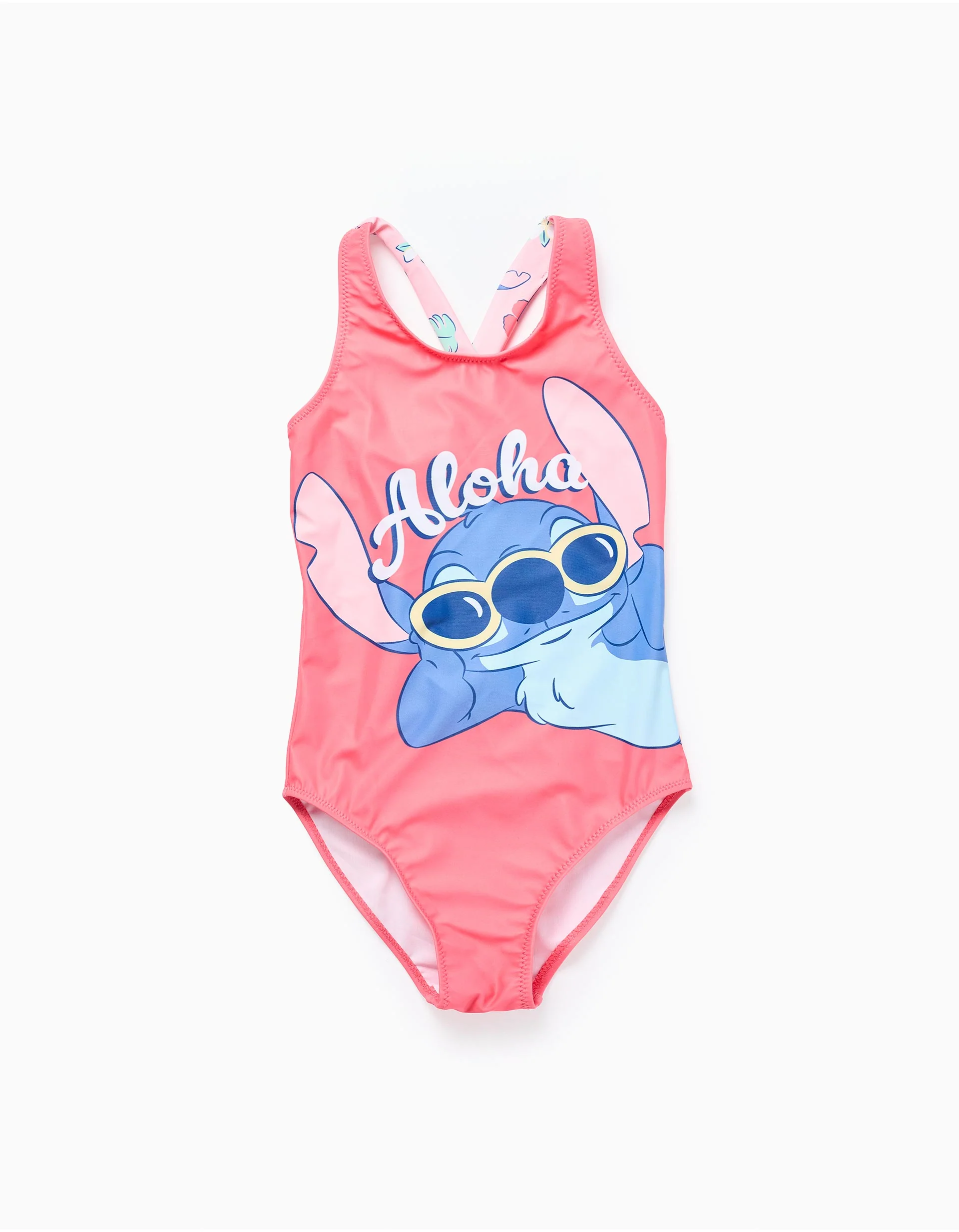 Swimsuit with Stitch print and crossed straps for girls, coral