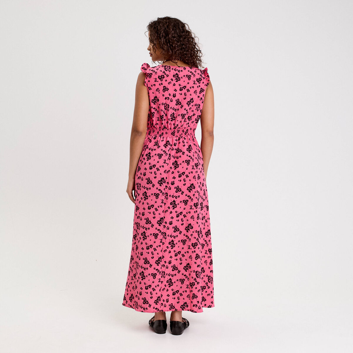 Robe longue évasée col v sans manches rose femme