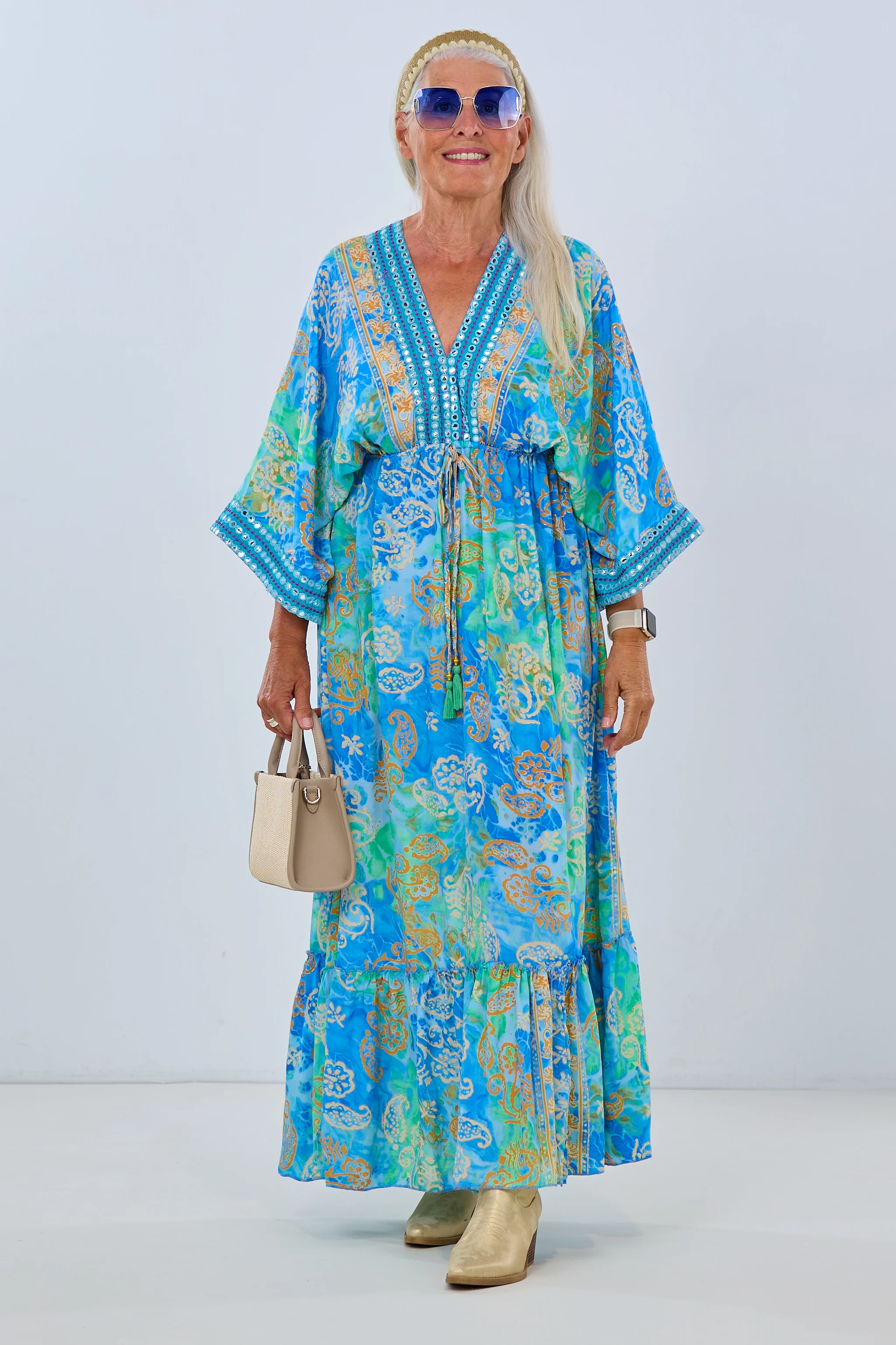 Langes Kleid im Boho-Style, blau-grün