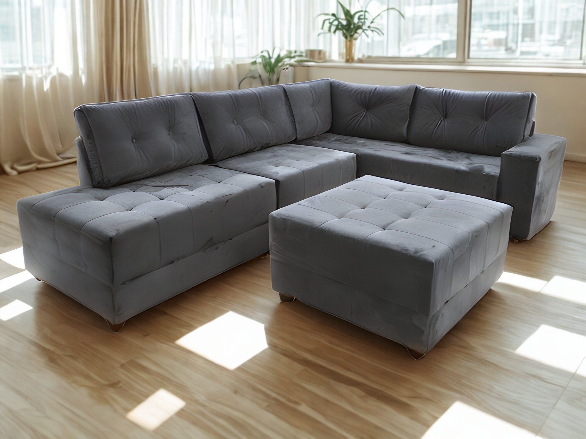 Sofa de Canto Elantra Grande e Puff Bom Descanso Veludinho Cinza