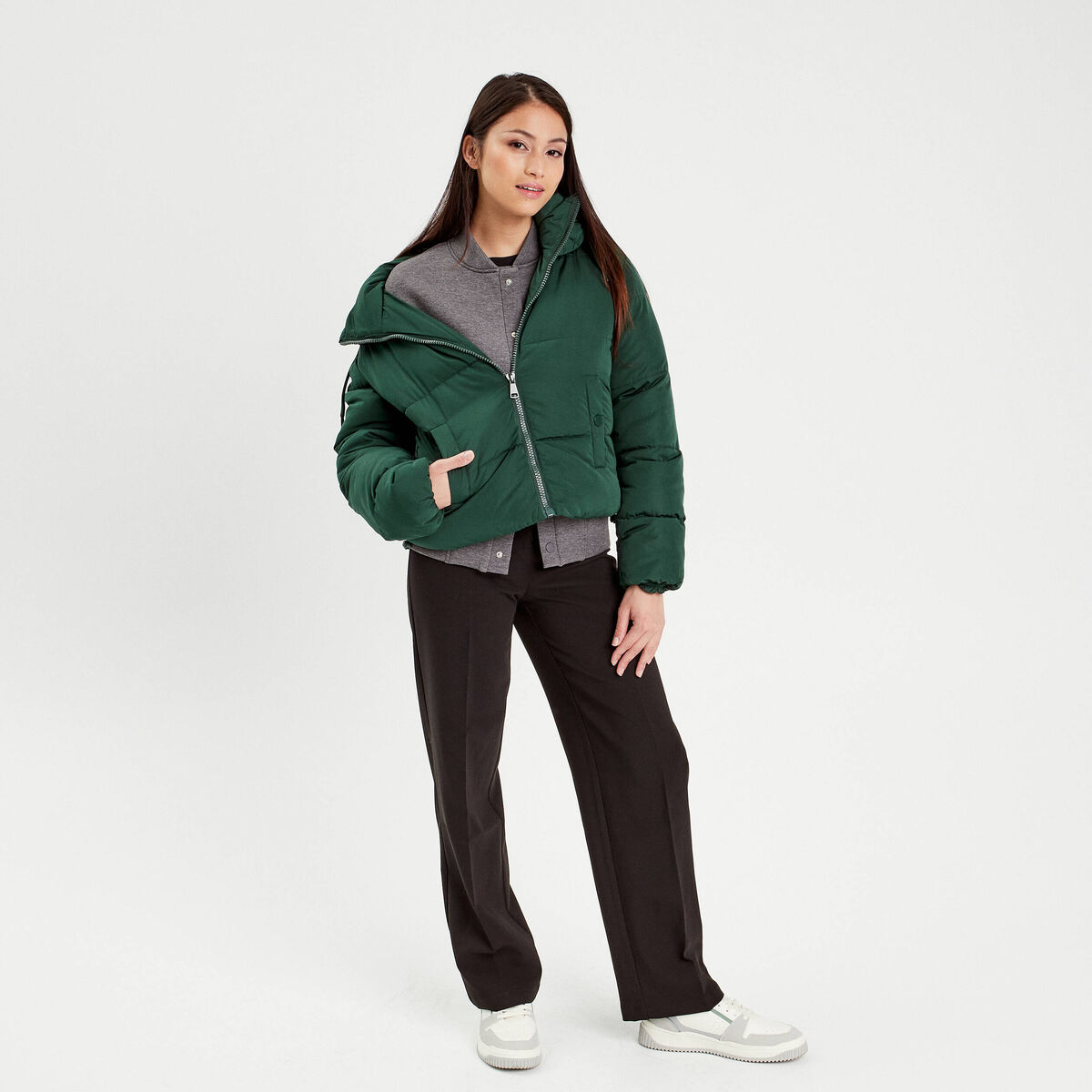 Doudoune droite zippée vert foncé femme