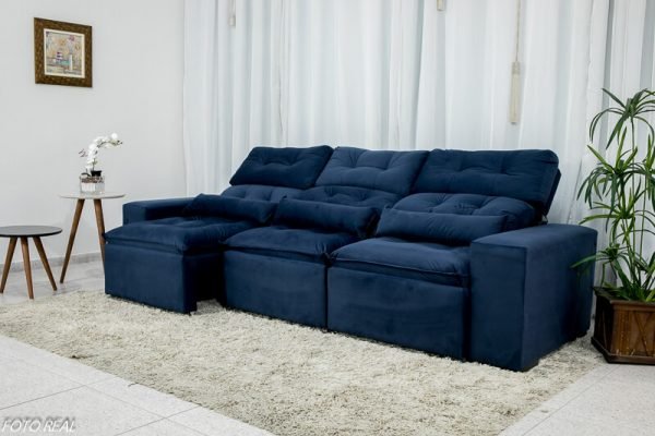 Sofá Retrátil e Reclinável 2,10m C/ 03 Módulos em Tecido Suede Azul