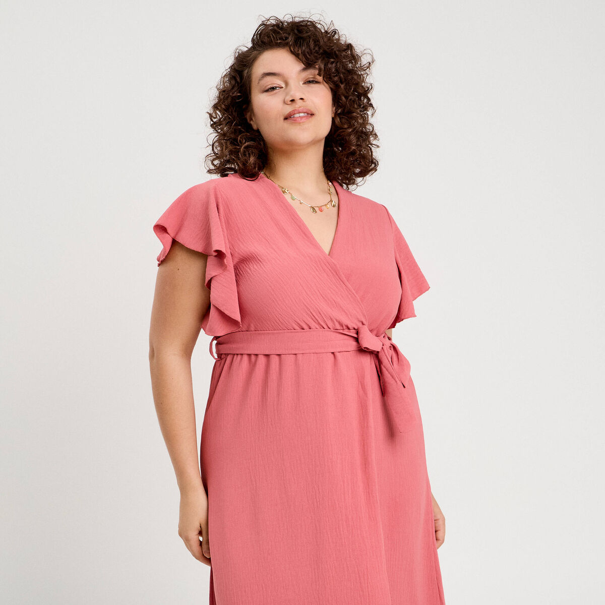 Robe longue évasée cache-coeur vieux rose femme