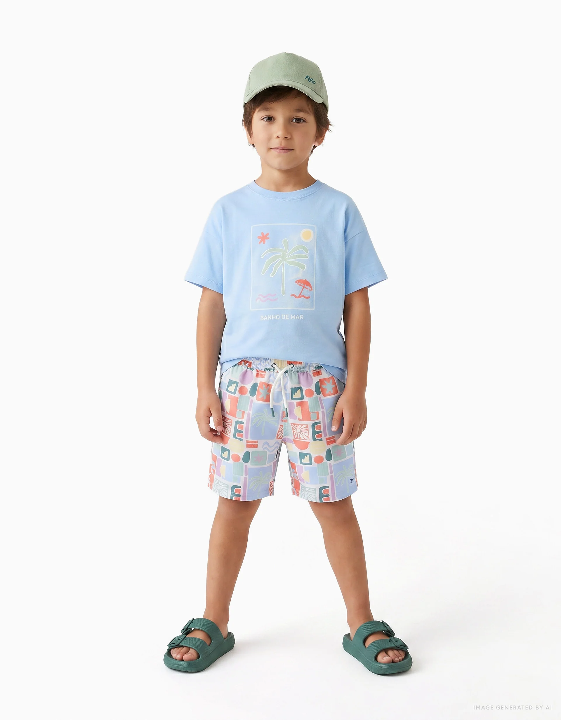 Swim shorts with colourful print and drawstring for boys, multicolour