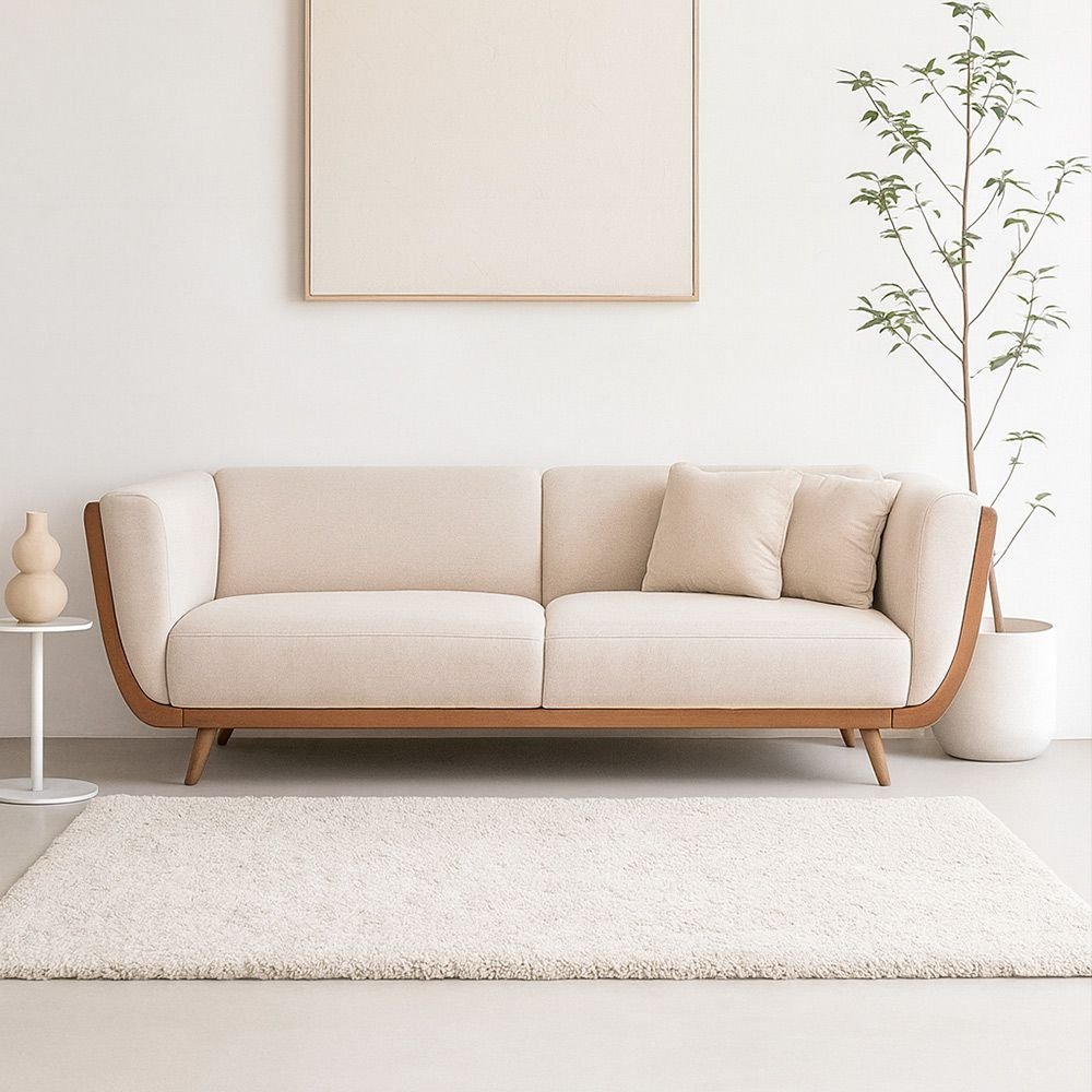 Sofá 2 Lugares 200cm Salezi com Duas Almofadas Courino Caramelo | Bouclé Suave Off White - Sallar Ho