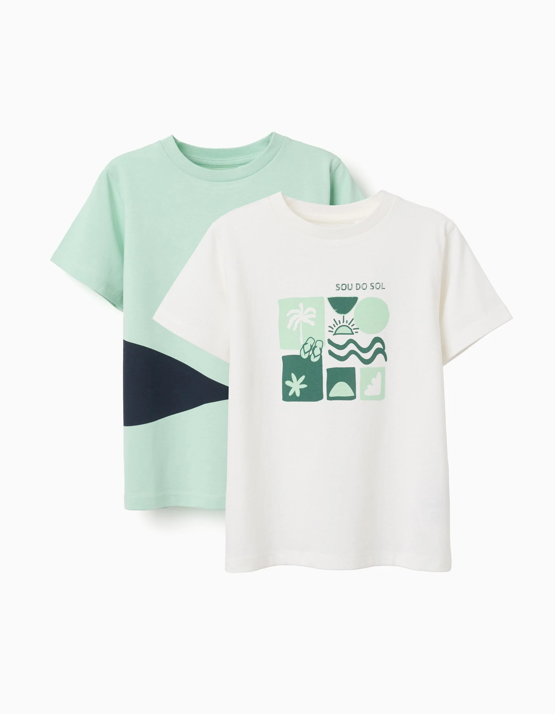 Pack of 2 cotton T-shirts with beach prints for boys, light green/white