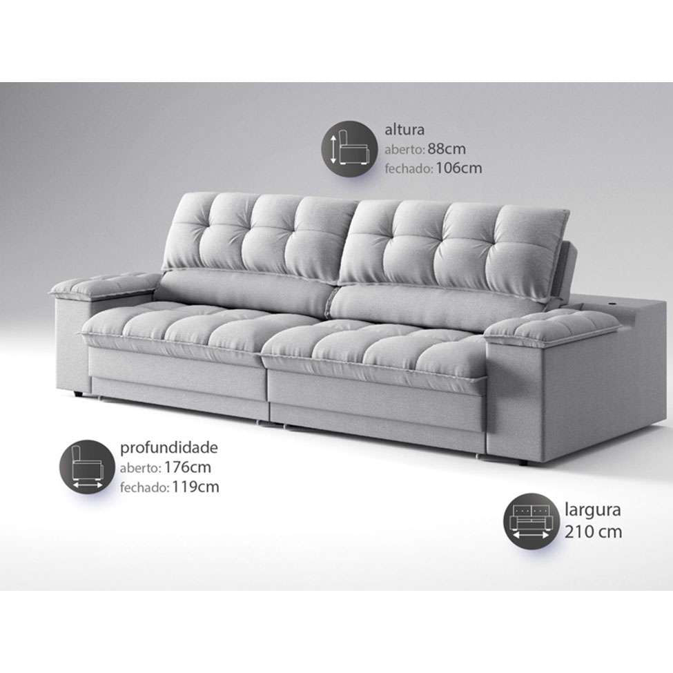 Sofá 3 Lugares Retrátil e Reclinável Helen com USB e Porta-Copos Linho Prata 210 cm em Promoção | Ofertas na Americanas