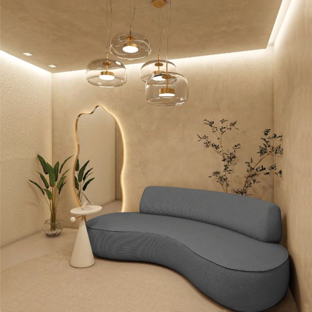 Sofá Curvo 2 Lugares Orgânico Escritório Recepção Sala Amsterdã 130cm Linho Cinza Escuro - Amarena M