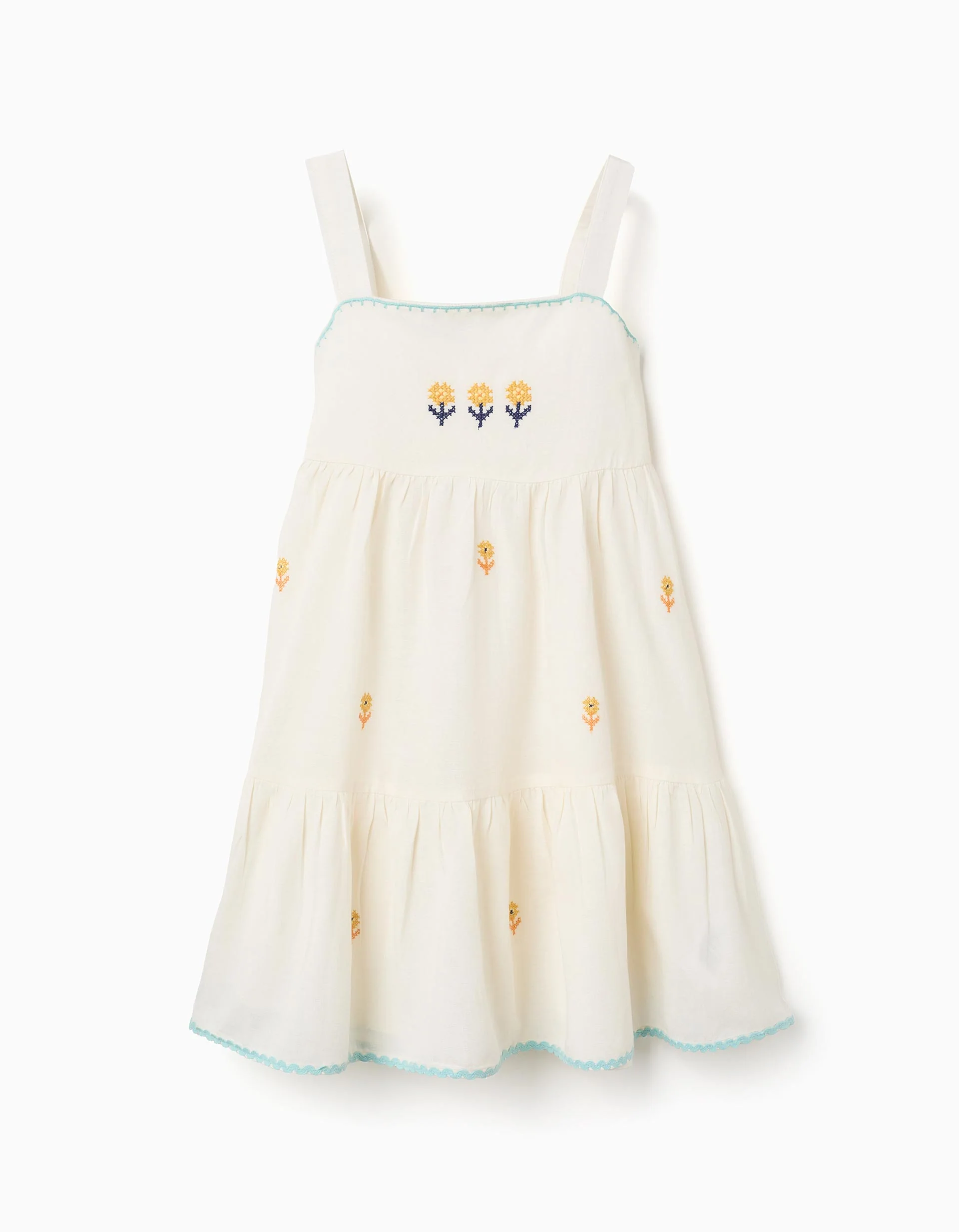 Cotton and linen dress with embroidered flowers for girls, light beige